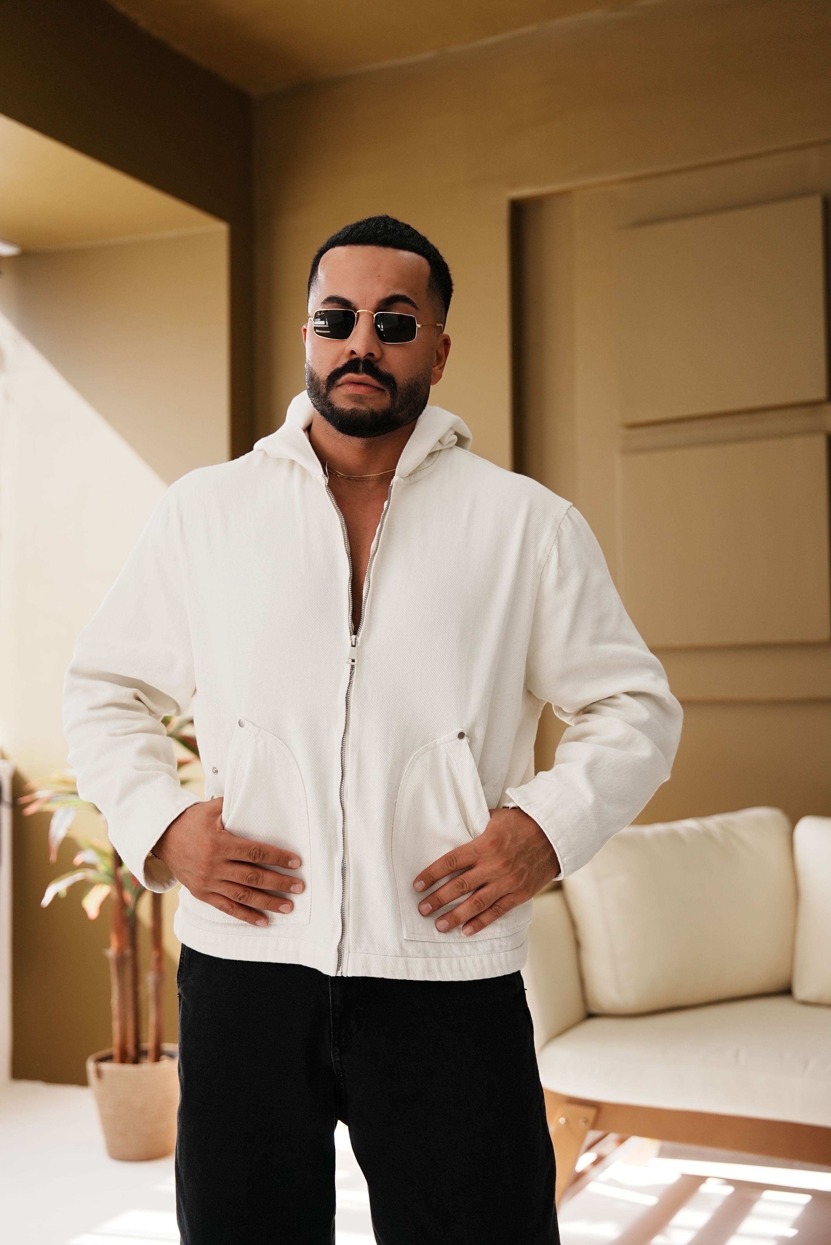 Gabardin Kumaş Kapüşonlu Ceket - Ekru
