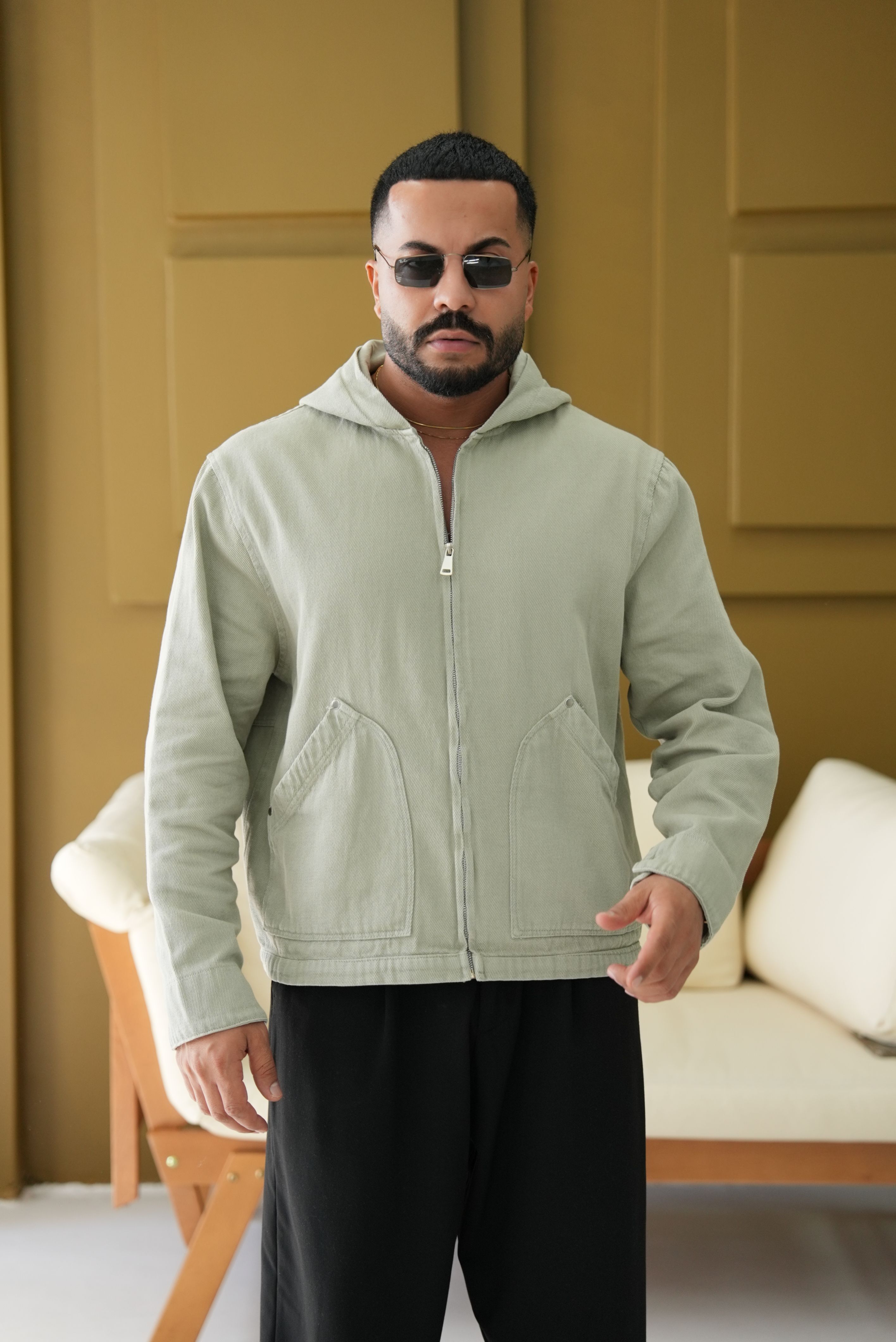 Gabardin Kumaş Kapüşonlu Ceket - Yeşil