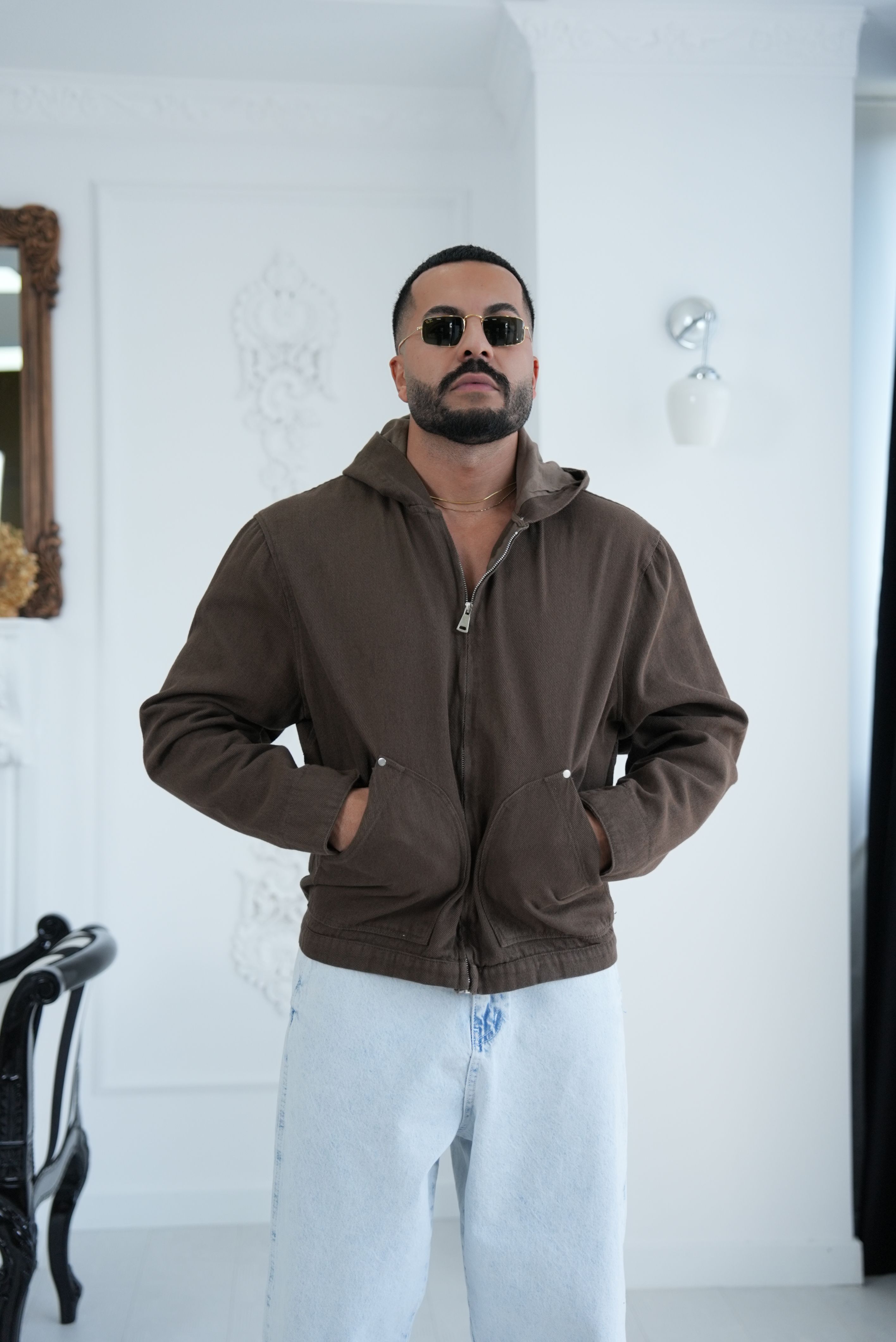 Gabardin Kumaş Kapüşonlu Ceket - Kahve