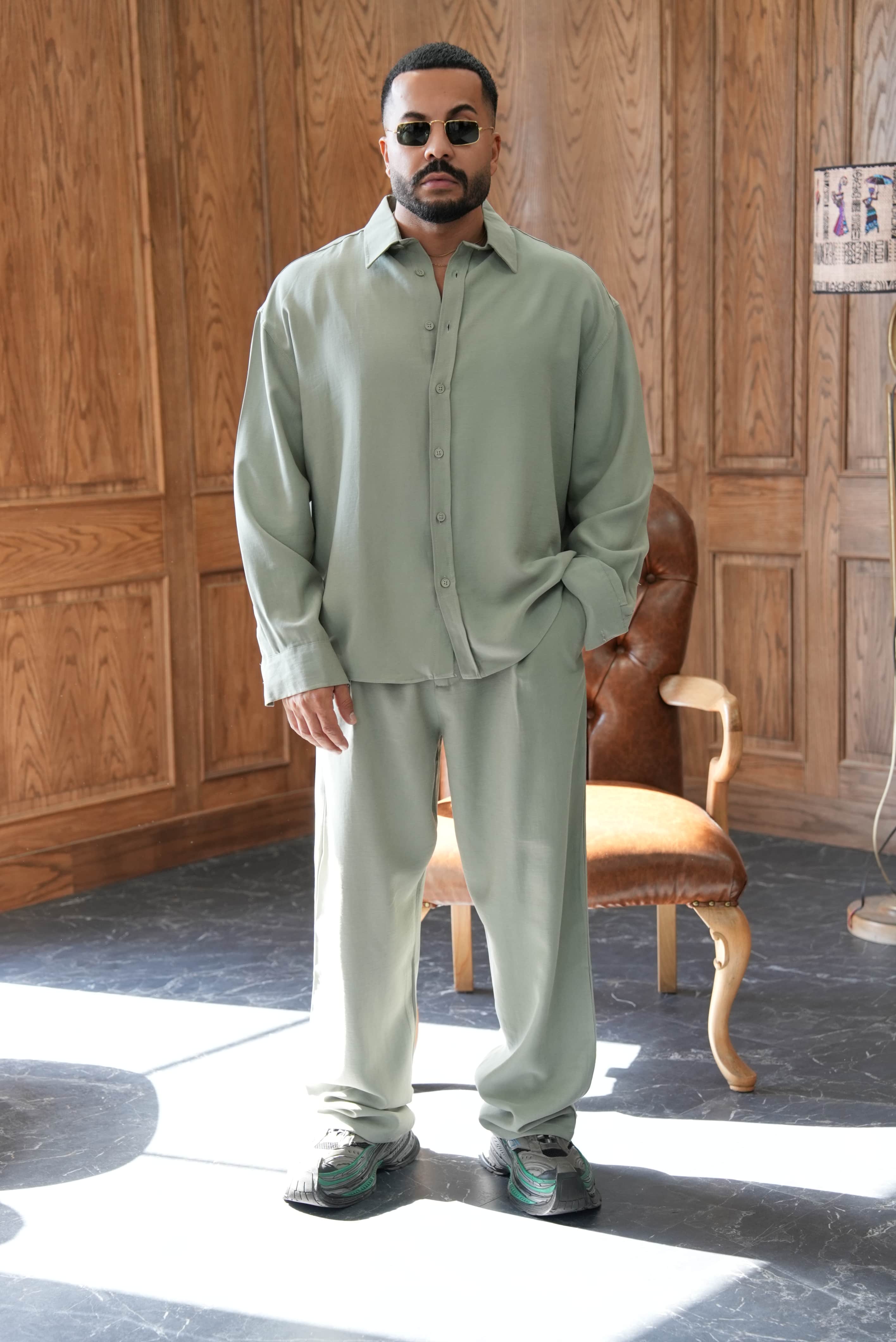 Oversize Yıkamalı Kumaş Takım - Mint Yeşili