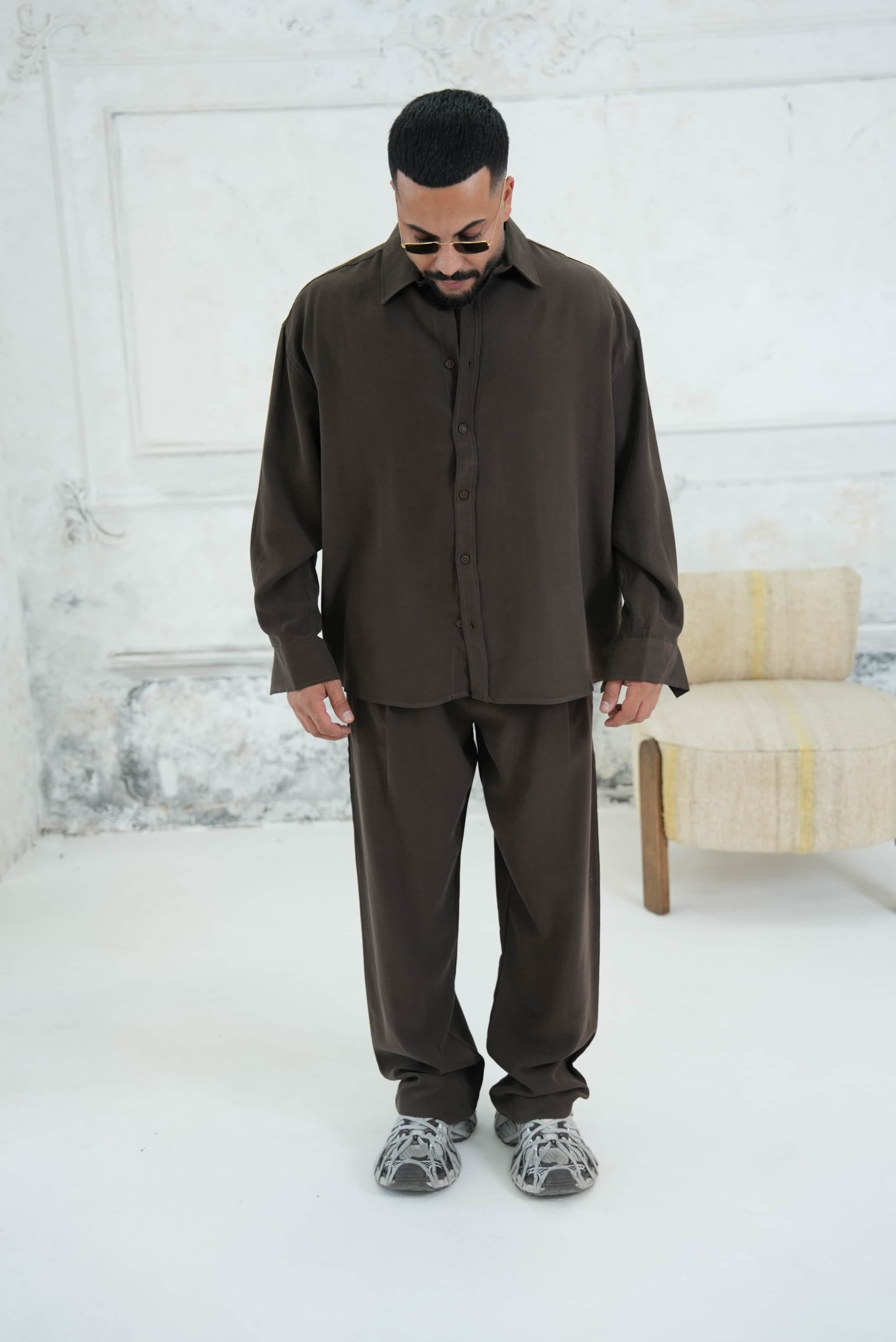 Oversize Yıkamalı Kumaş Takım - Kahve