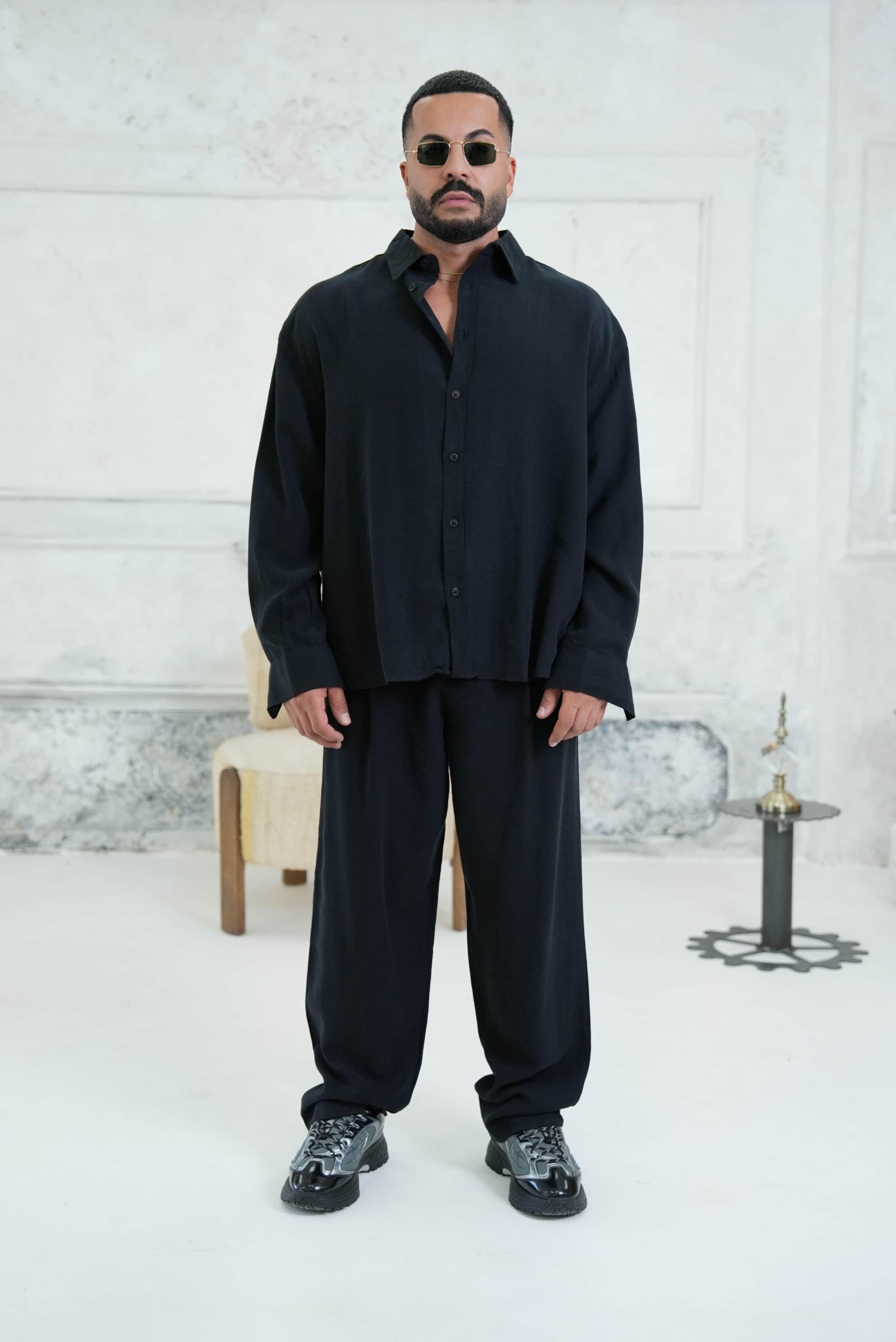 Oversize Yıkamalı Kumaş Takım - Siyah