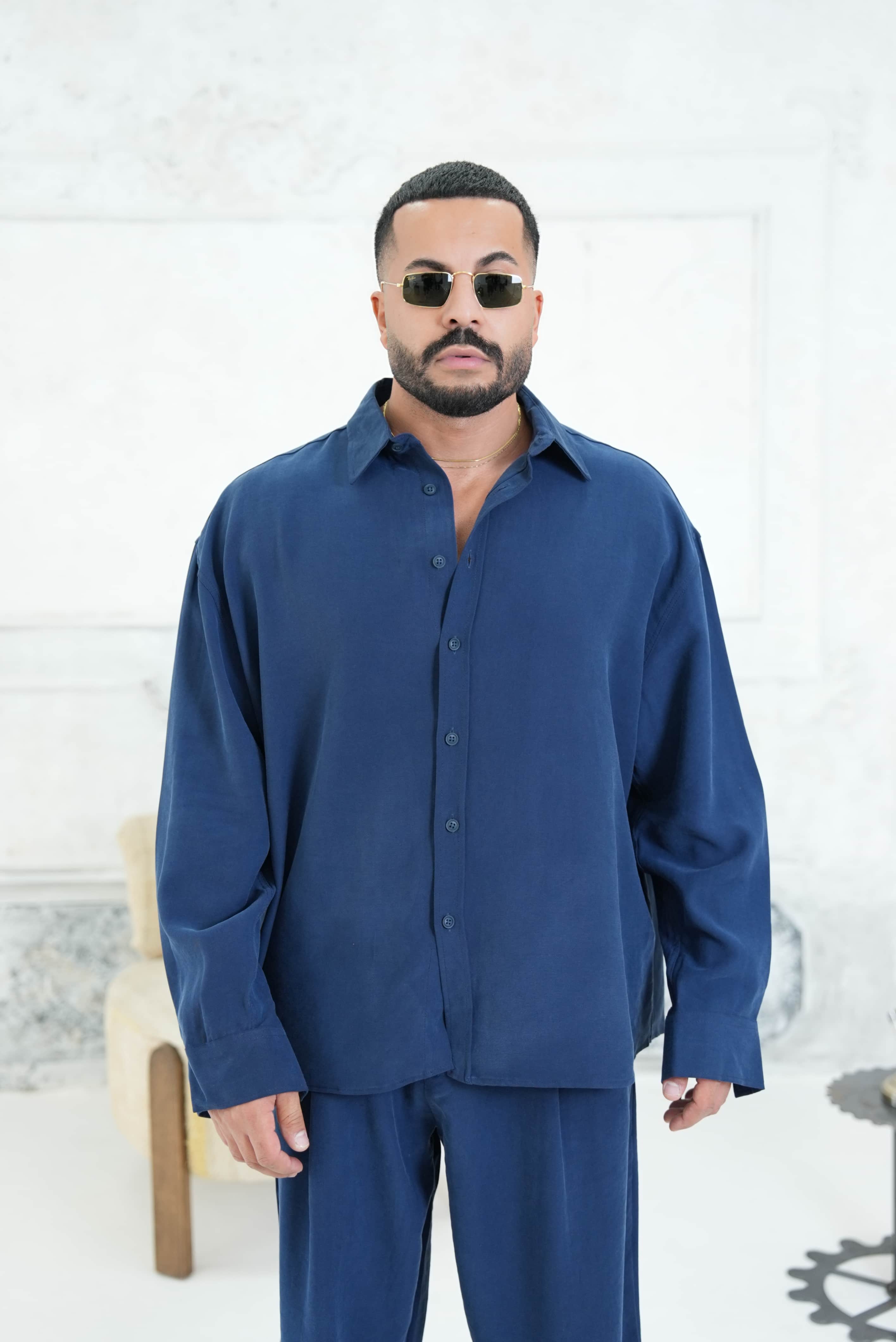 Oversize Yıkamalı Kumaş Takım - Mavi