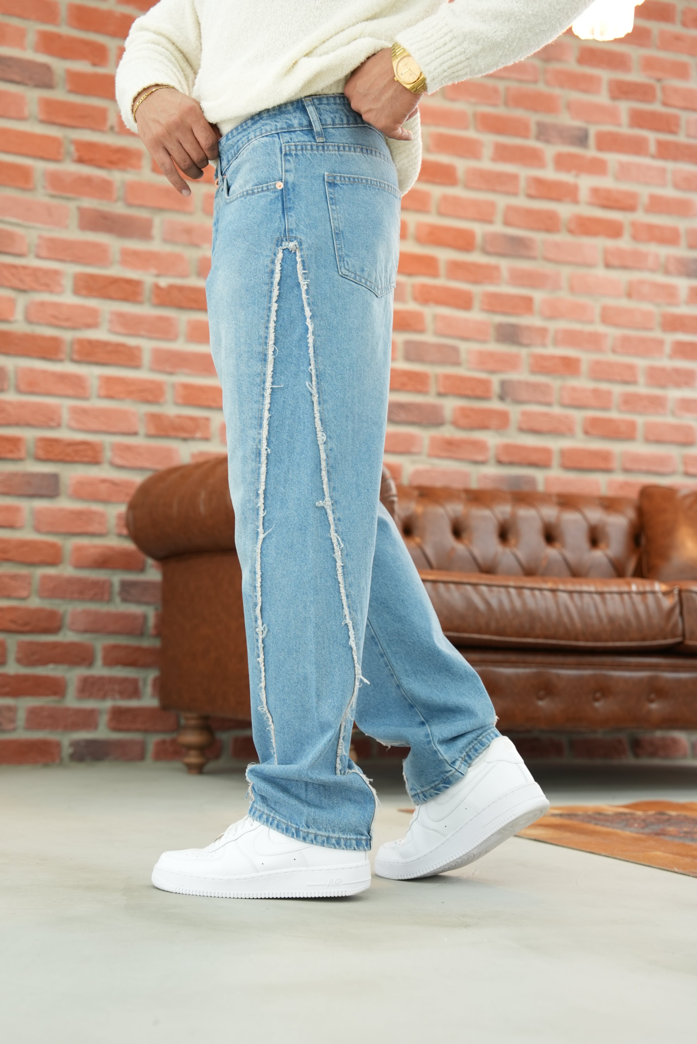 Tasarım Dikiş Detaylı Baggy Kot Pantolon - Mavi