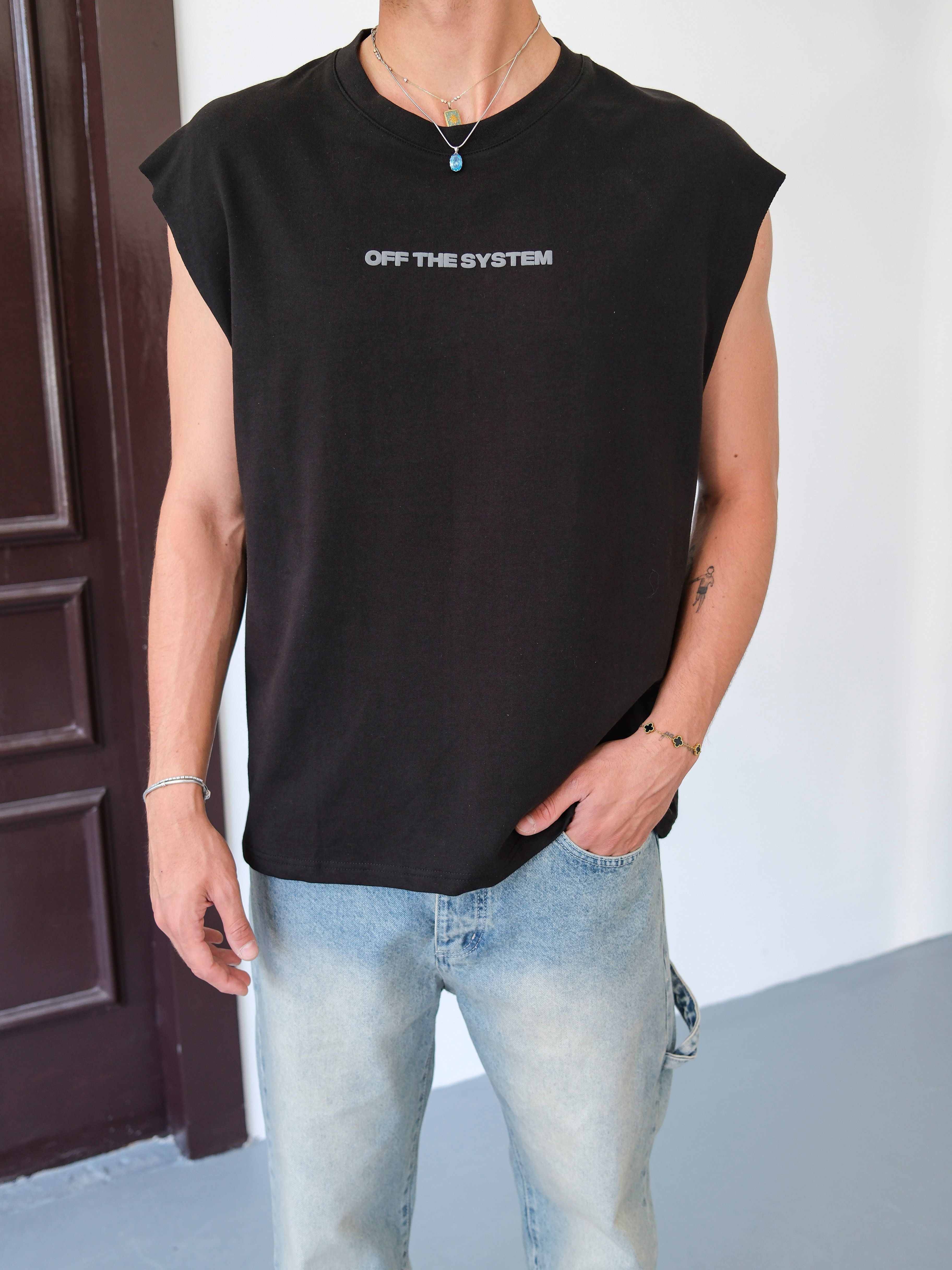 Oversize Sıfır Kol Baskılı Tshirt- Siyah