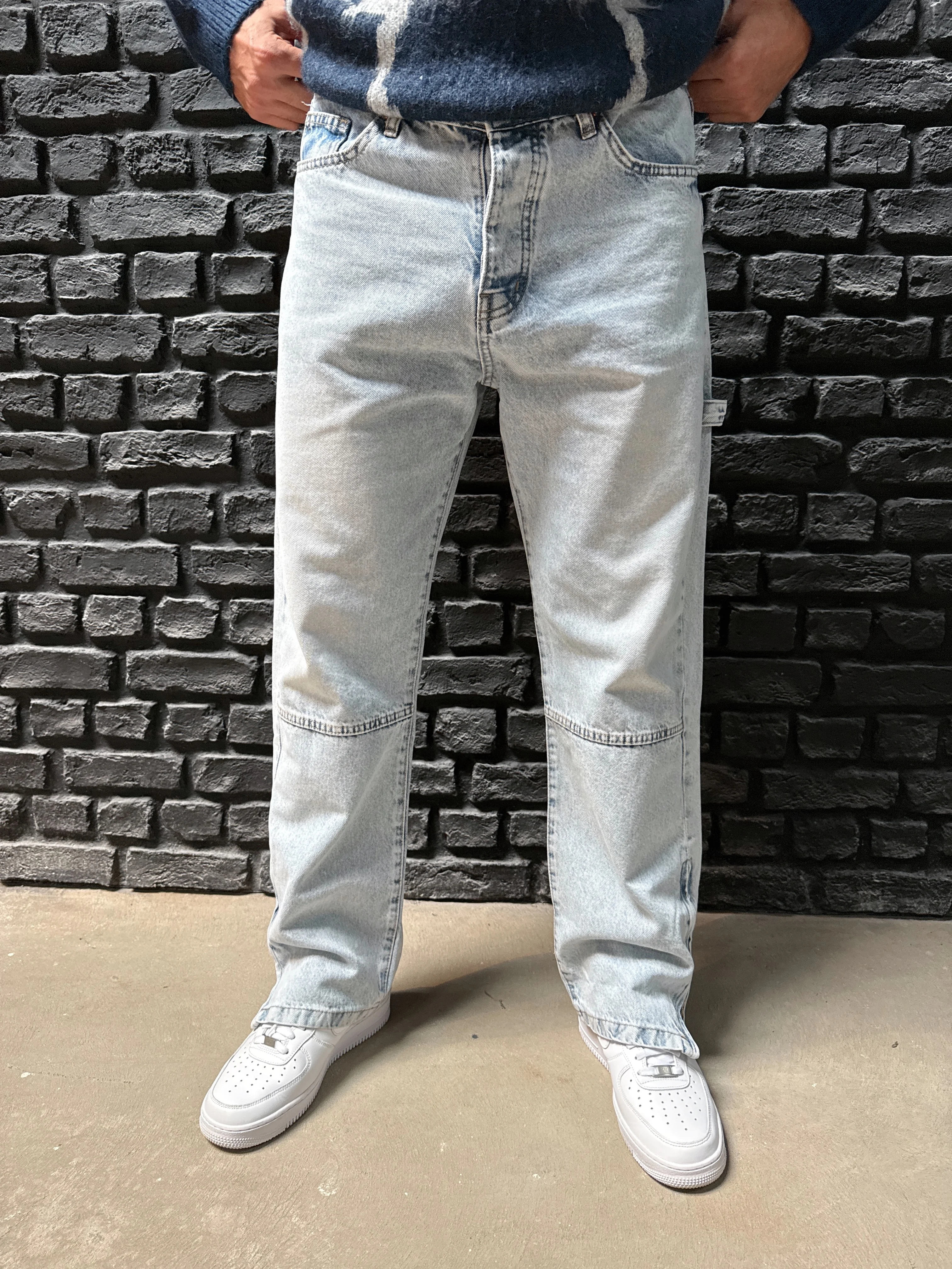 Baggy Kalıp Paçası Fermuar Detaylı Kot Pantolon- Mavi