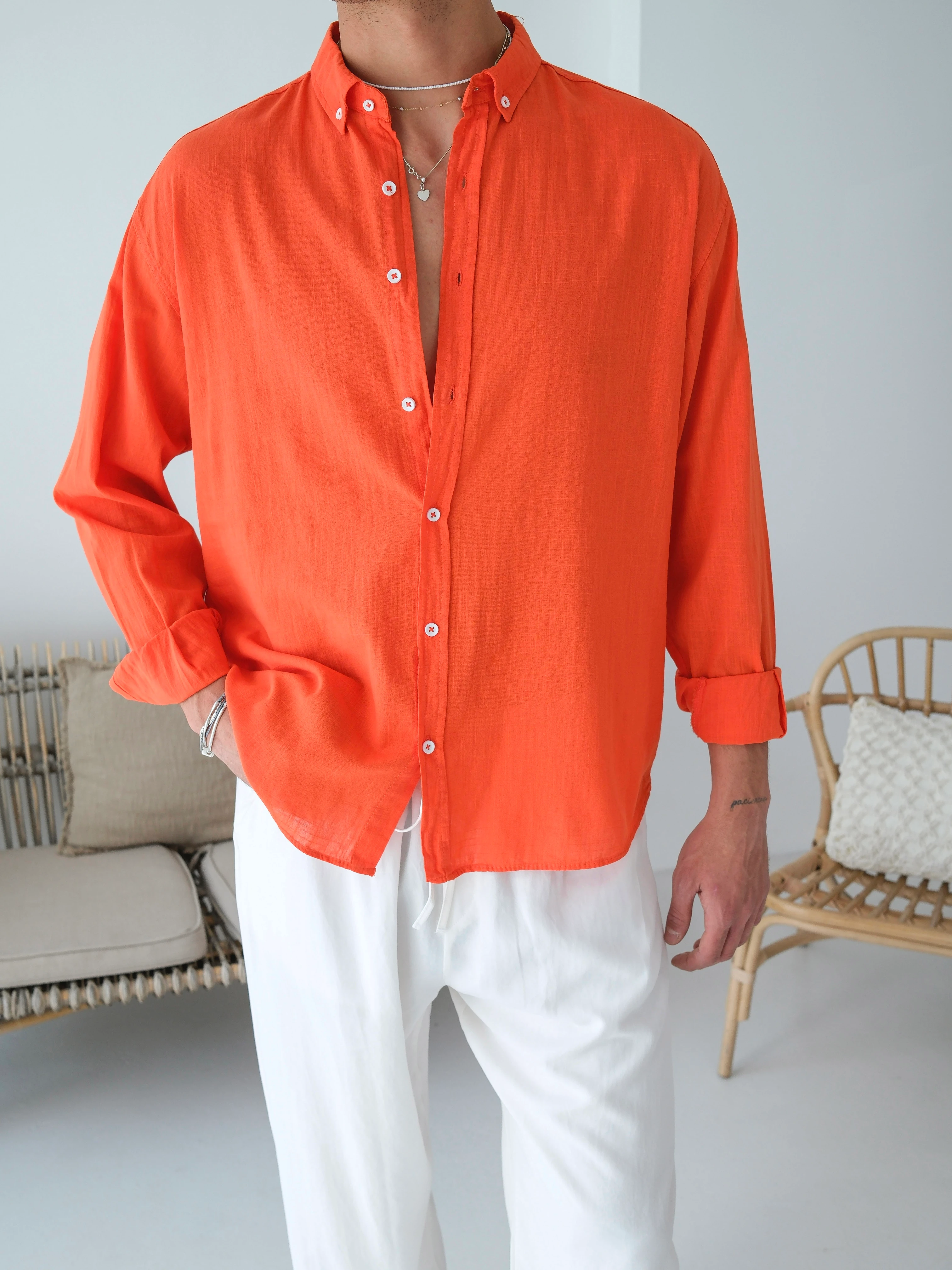 Oversize Fresh Keten Gömlek- Turuncu