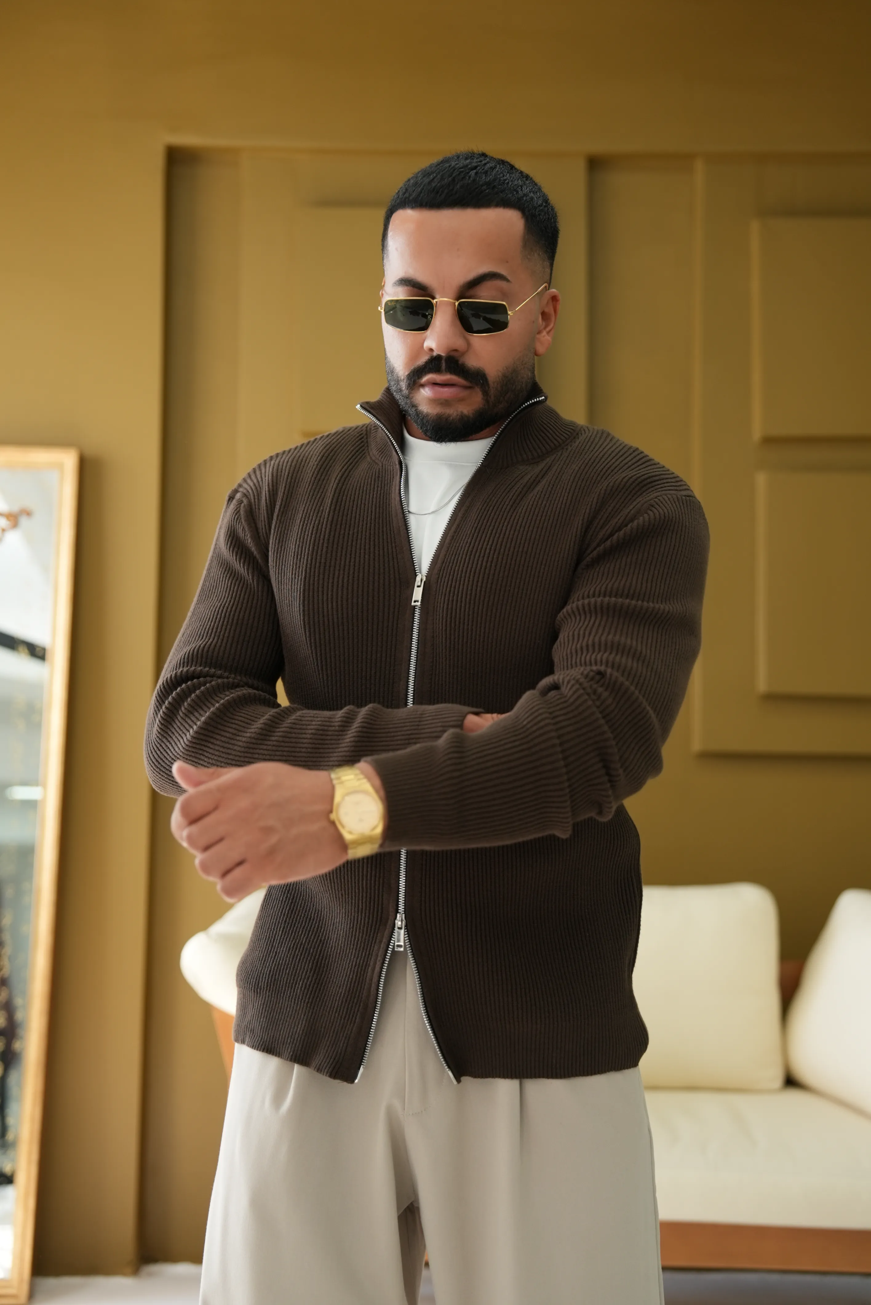 Çift Fermuarlı Yarım Yaka Triko Hırka - Kahve