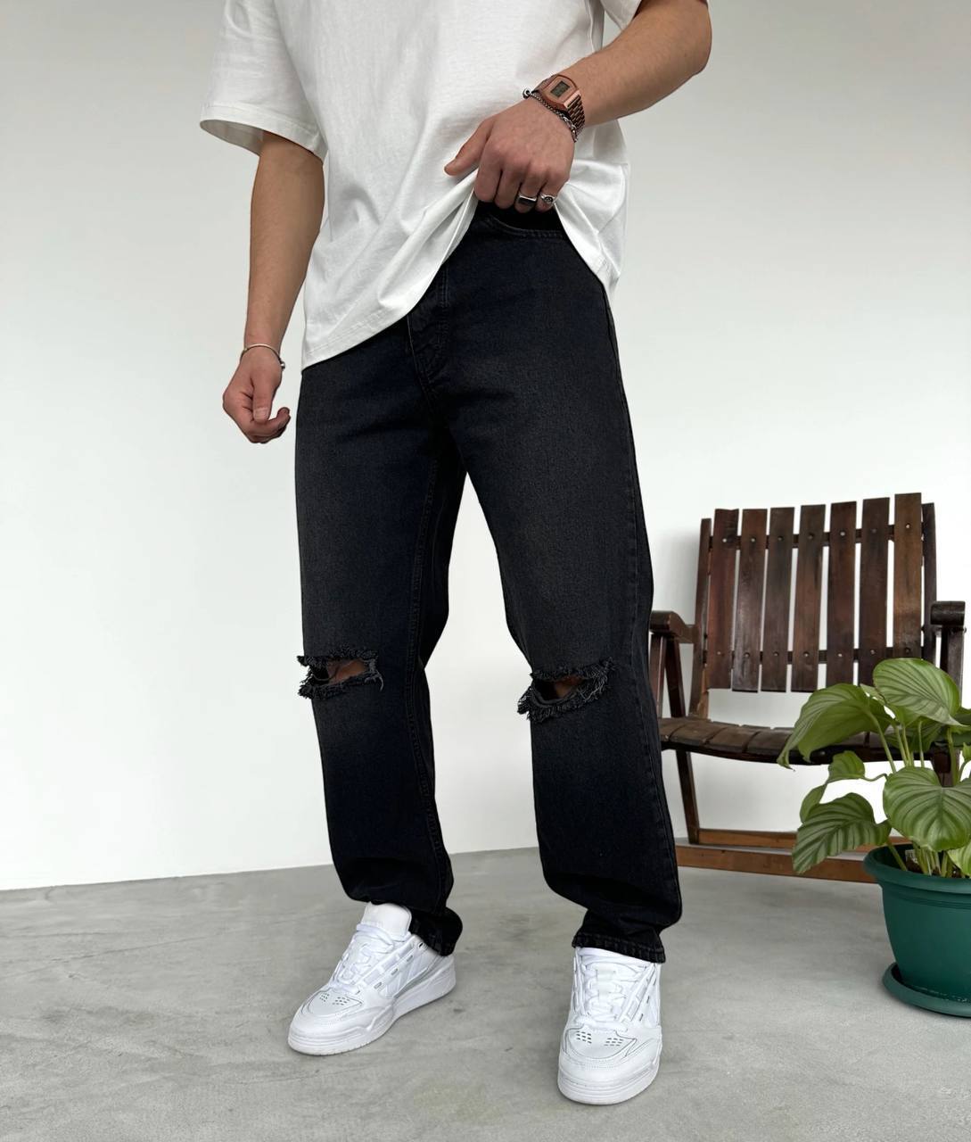 Baggy Kalıp Dizi Yırtık Pantolon - Siyah