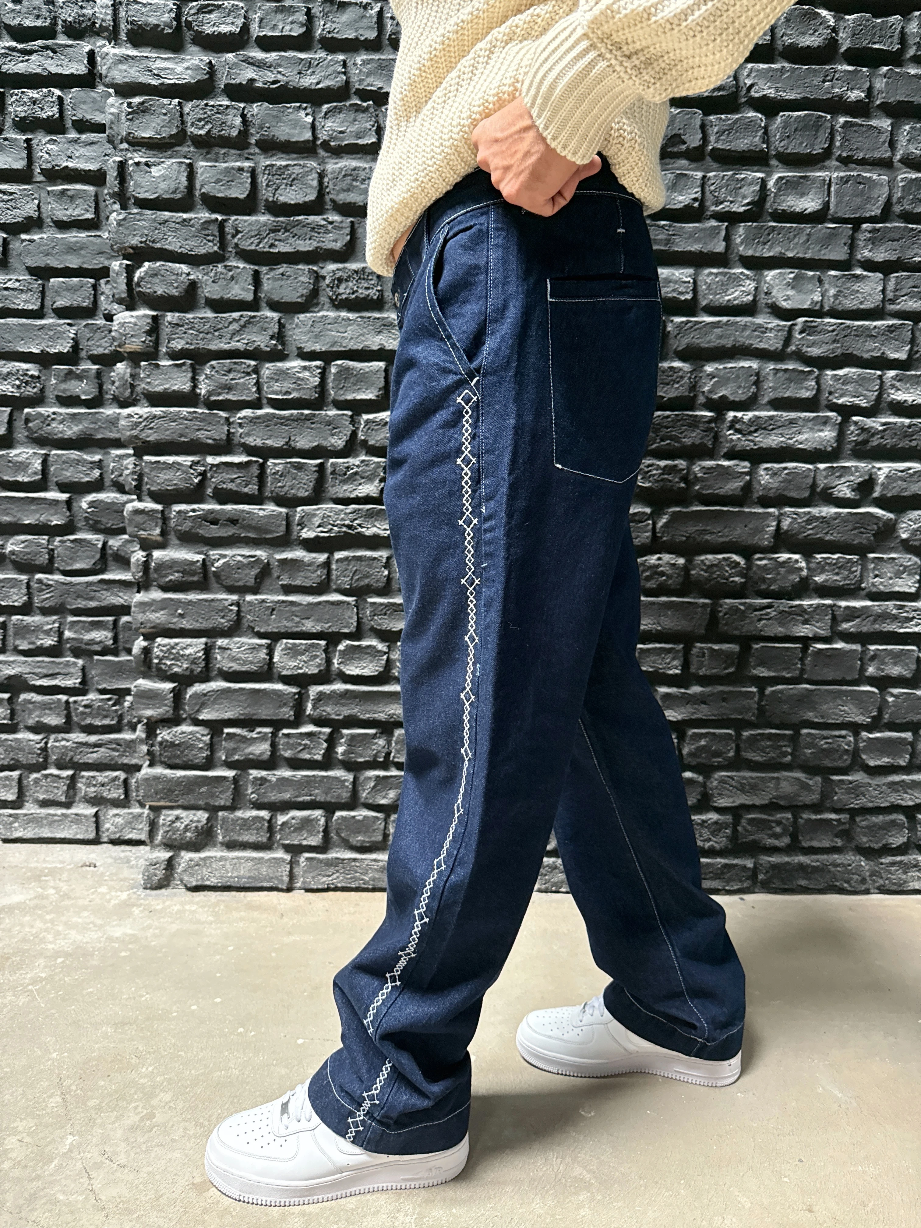 Baggy Fit Yanı İşleme Detay Tasarım Kot Pantolon - Mavi