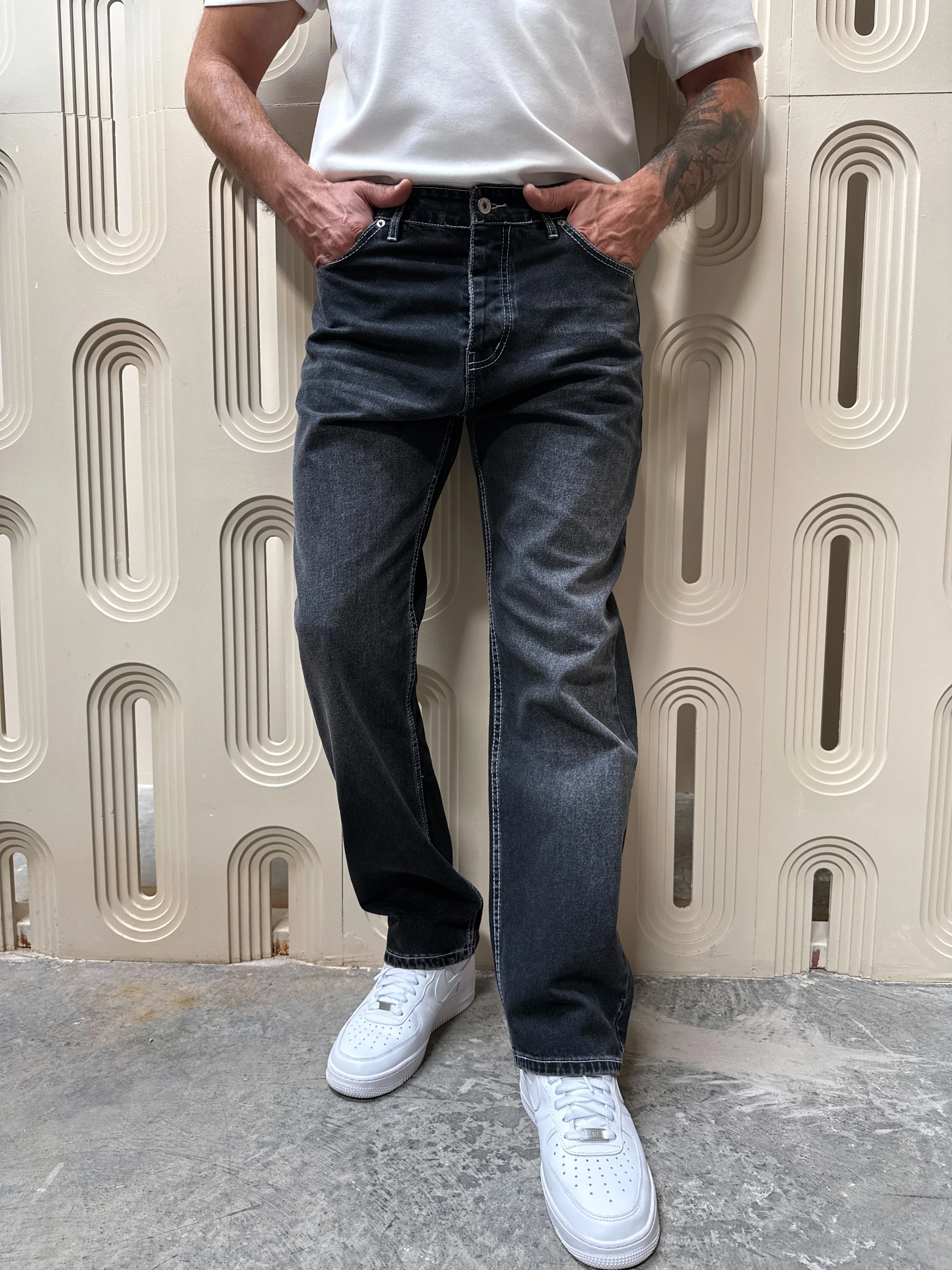 Bol Kalıp Yıkamalı Kot Pantolon - Antrasit