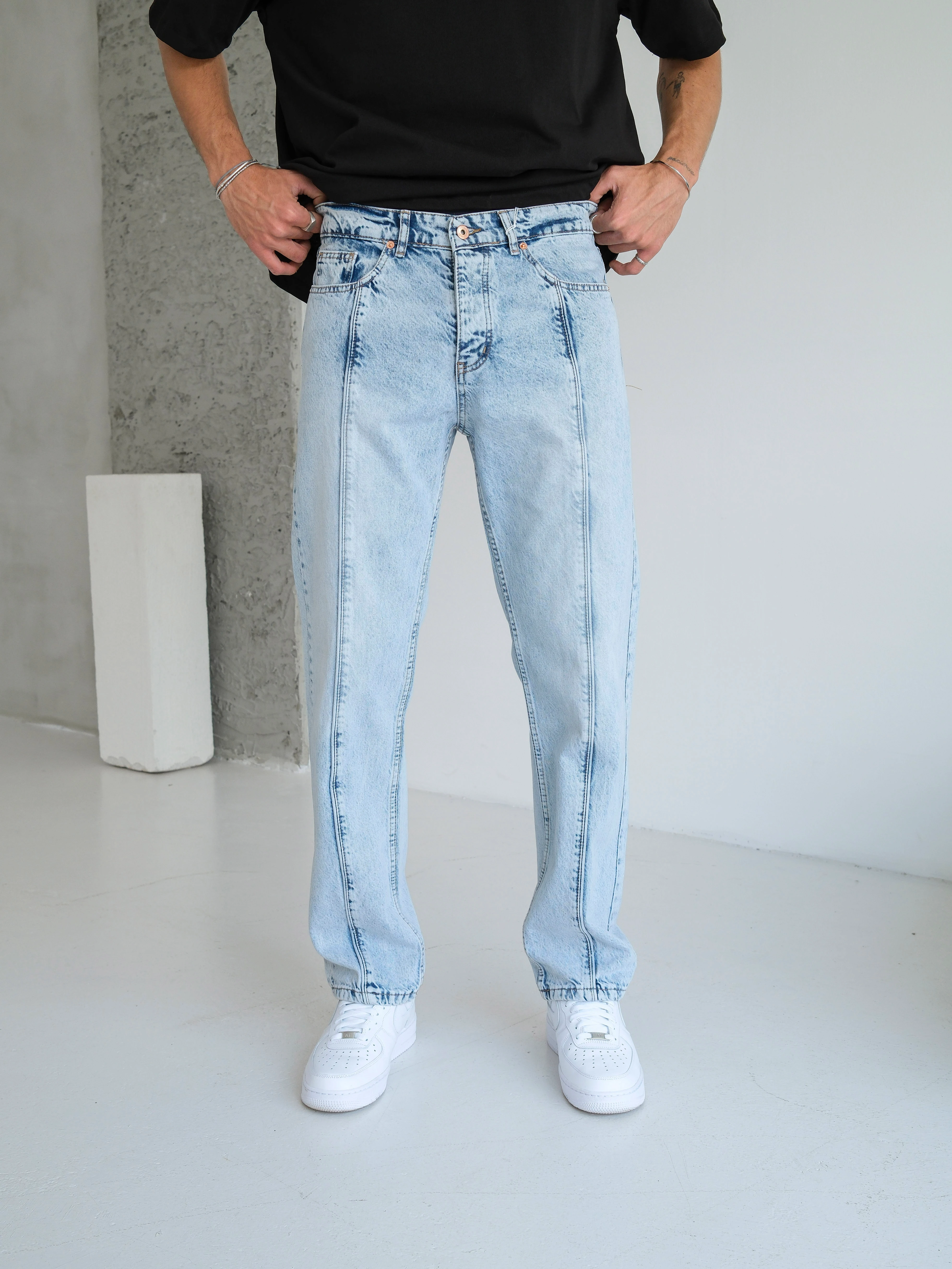 Baggy Fit Yıkamalı Dikiş Detaylı Kot Pantolon - Kar Yıkamalı