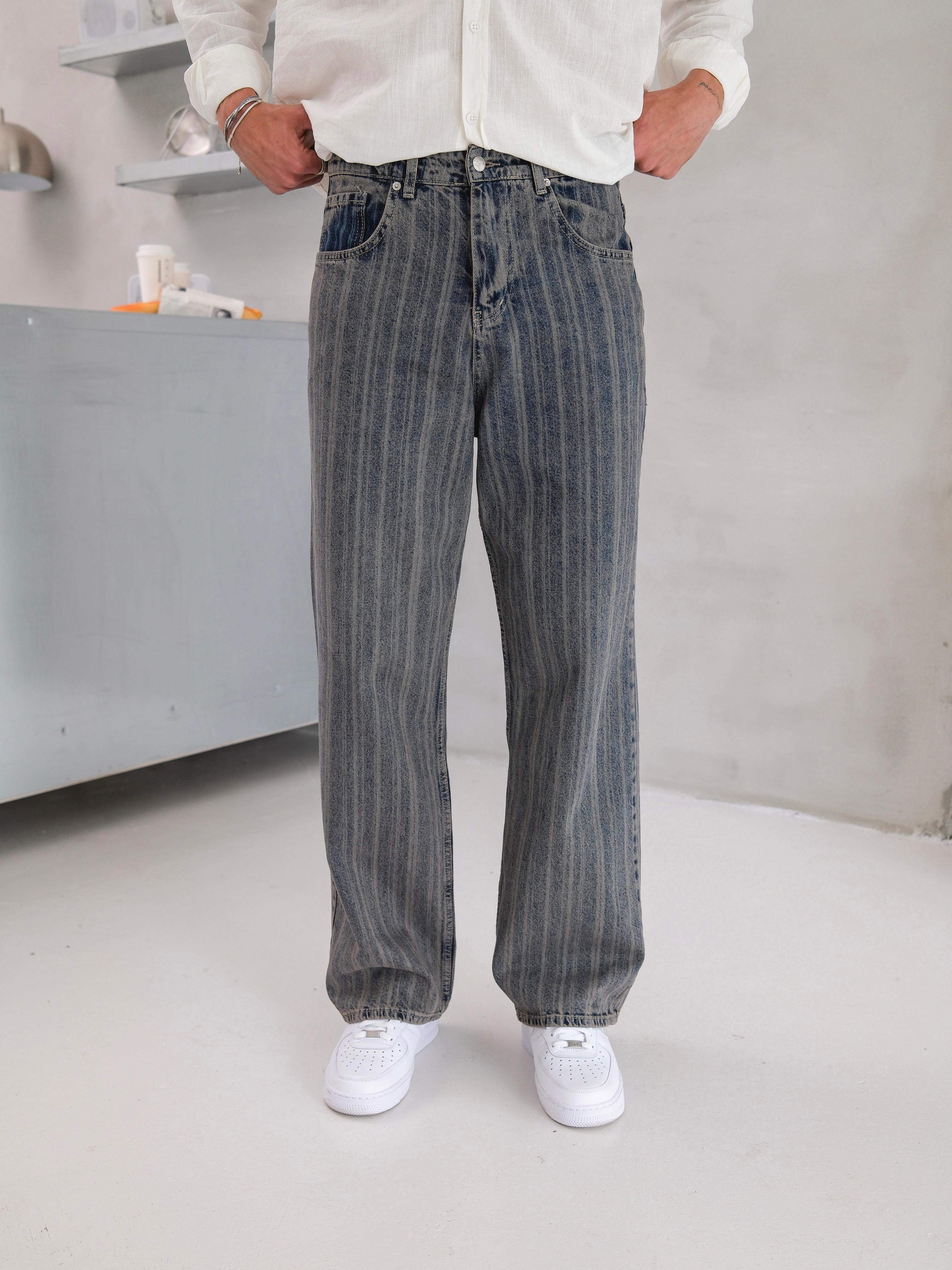 Şeritli Baggy Kalıp Kot Pantolon