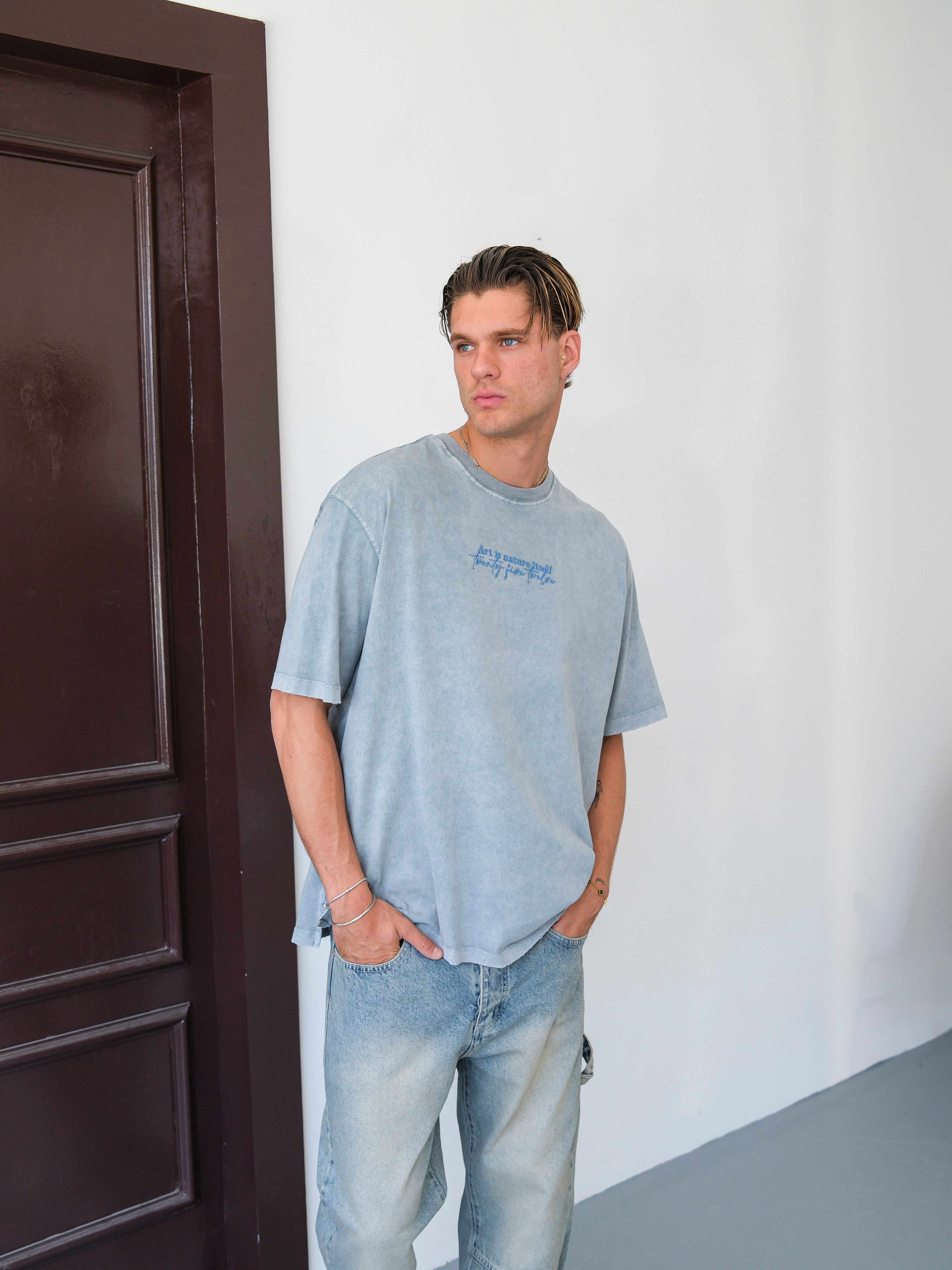 Oversize Yıkamalı Sırt Baskılı Tshirt - Gri