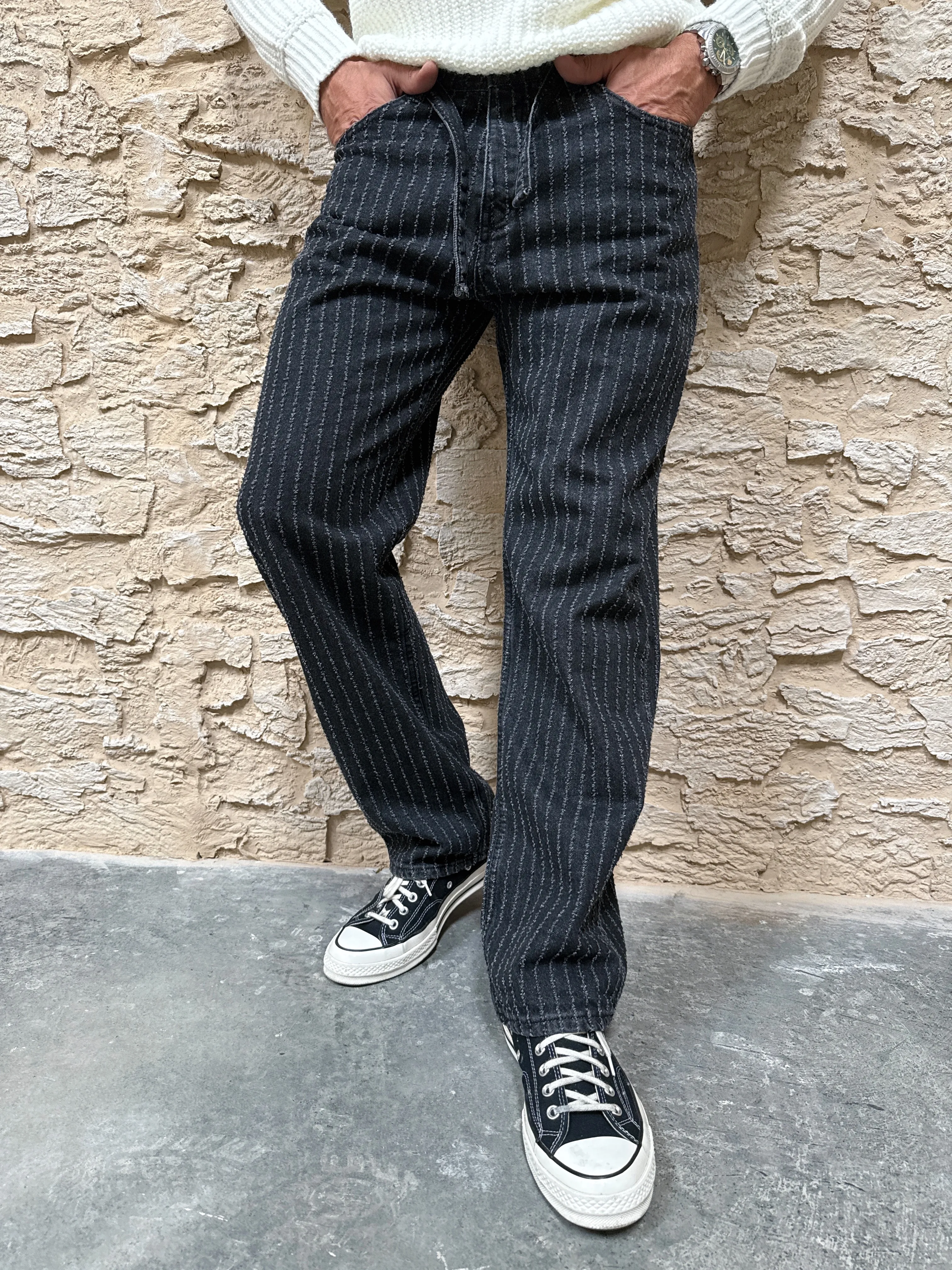 Baggy Fit Kemer Detay Tasarım Kot Pantolon - Siyah