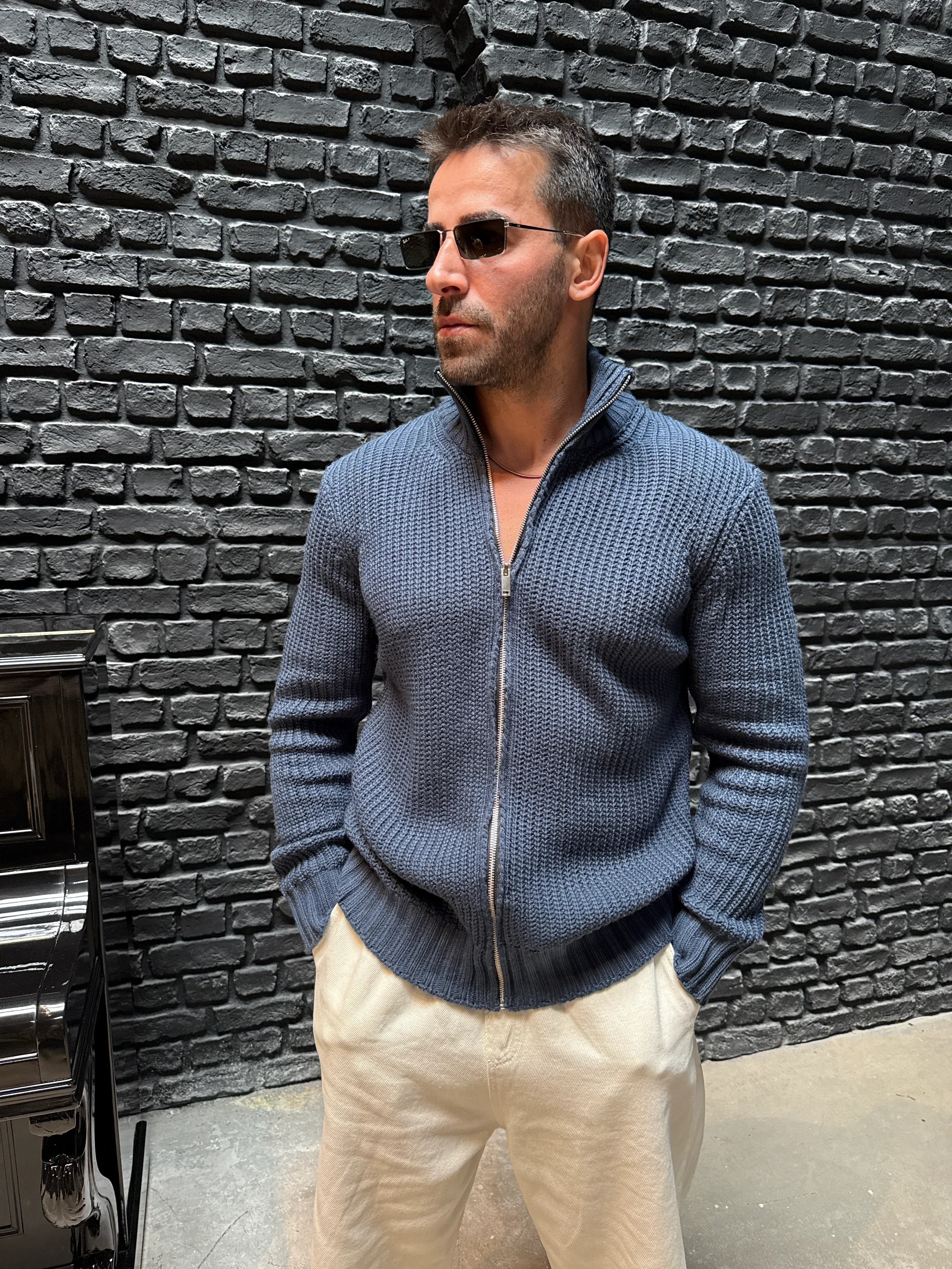 Fermuarlı Örme Hırka - İndigo