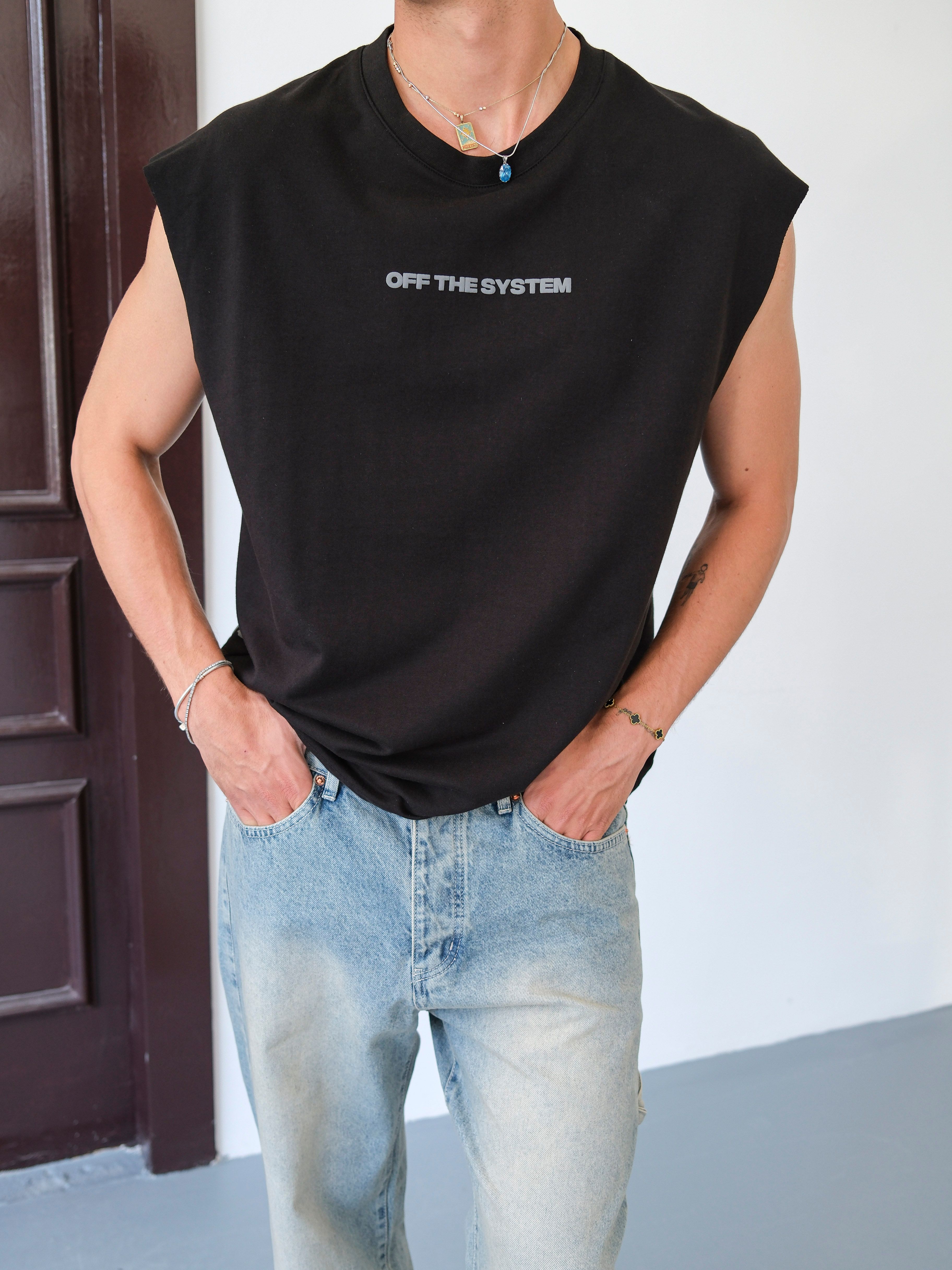 Oversize Sıfır Kol Baskılı Tshirt- Siyah