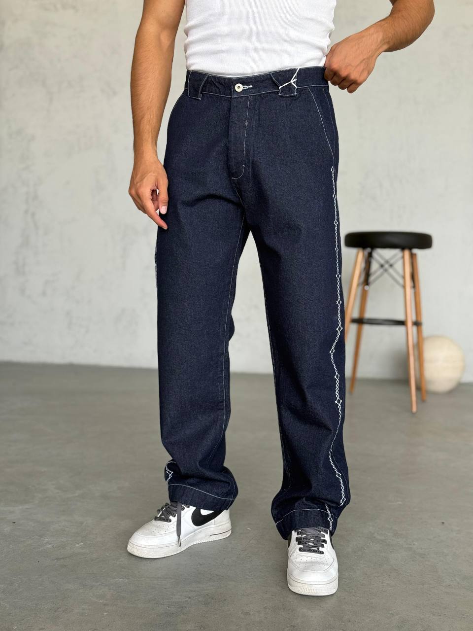 Baggy Fit Yanı İşleme Detay Tasarım Kot Pantolon - Mavi