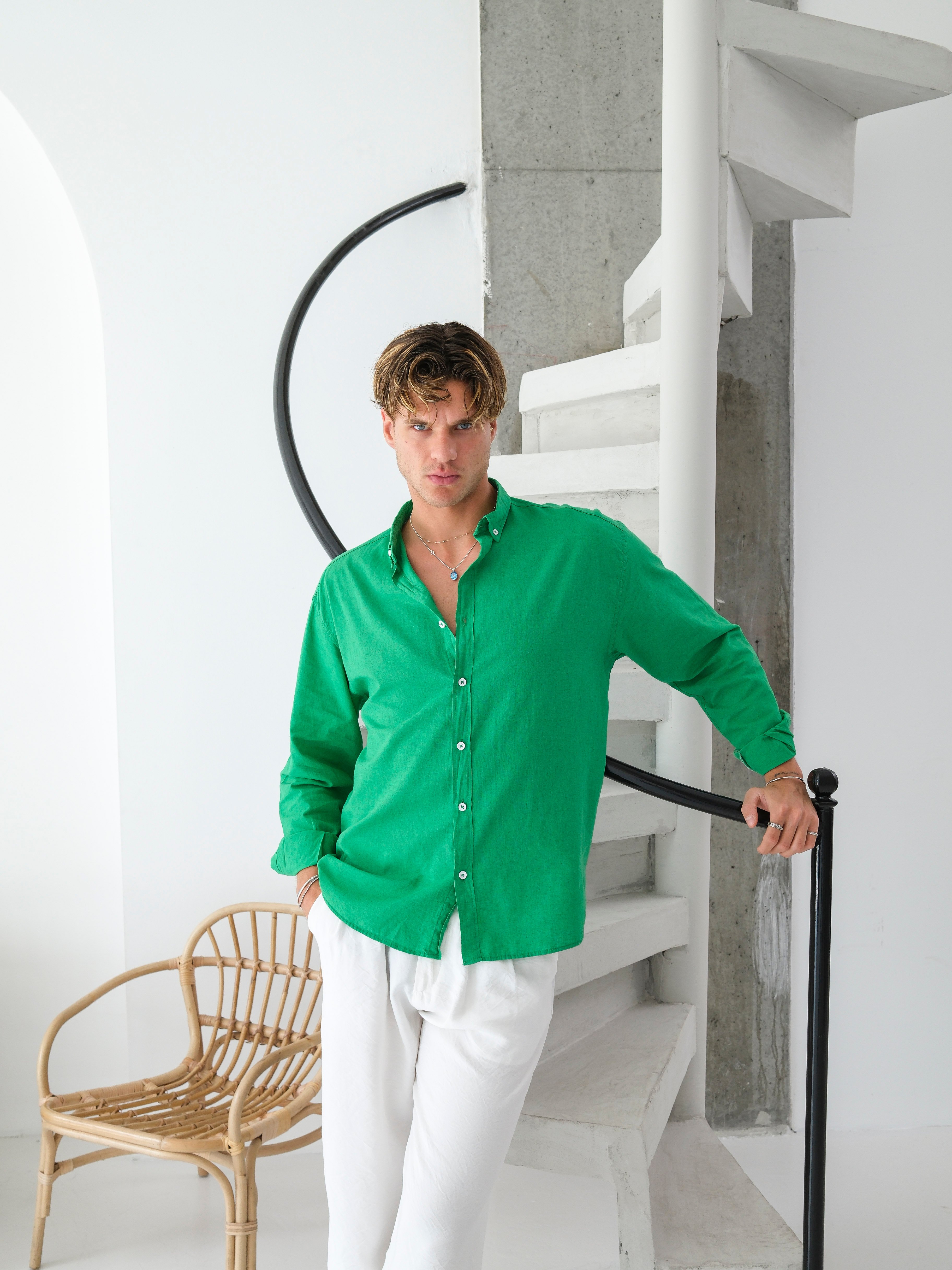 Oversize Fresh Keten Gömlek - YEŞİL