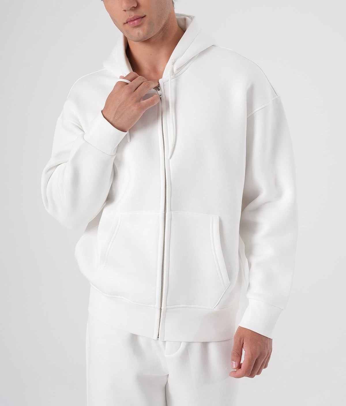 Oversize Üç İplik Fermuarlı Sweatshirt - Beyaz