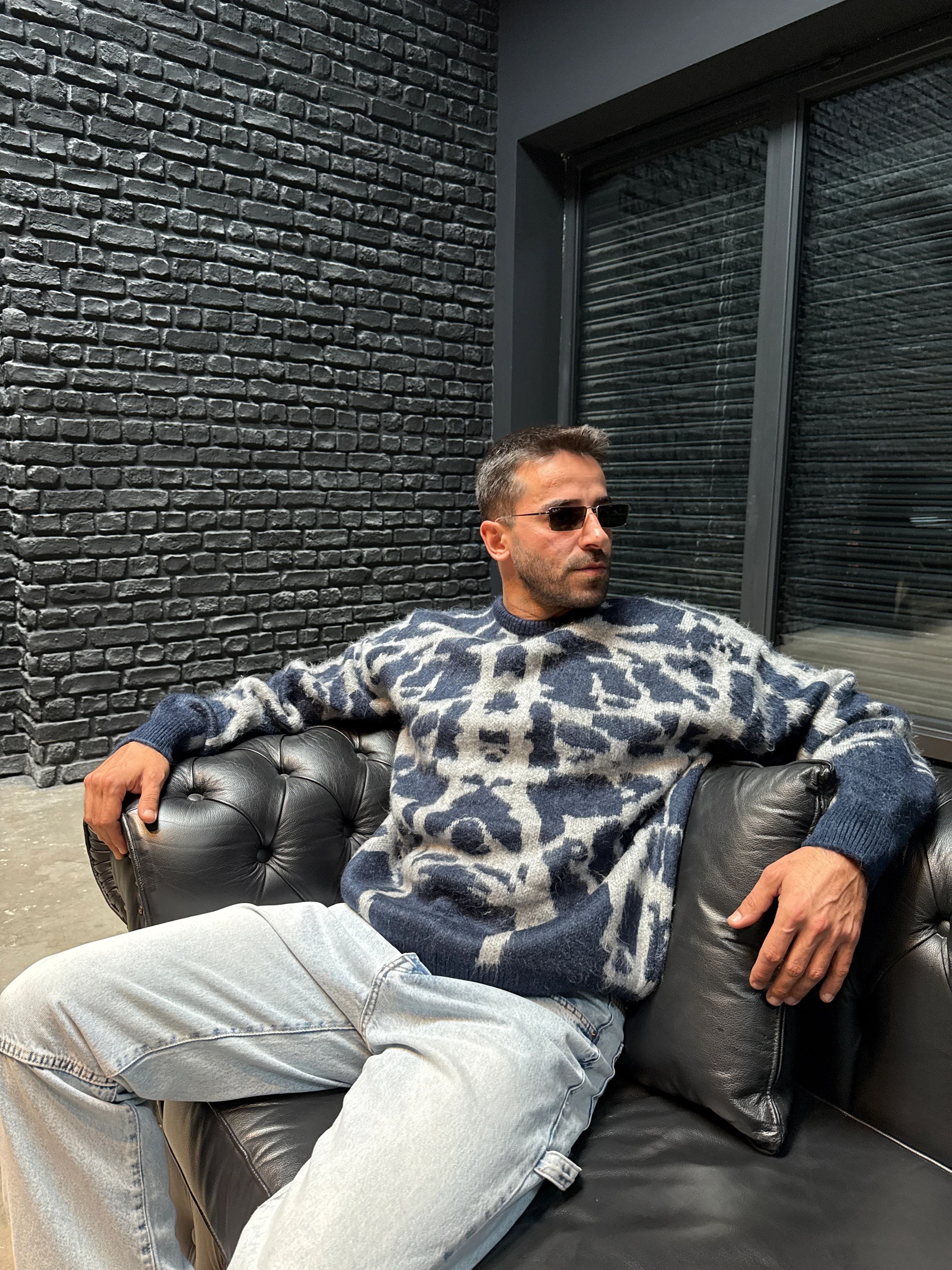 Geometrik Desenli Kazak - Mavi