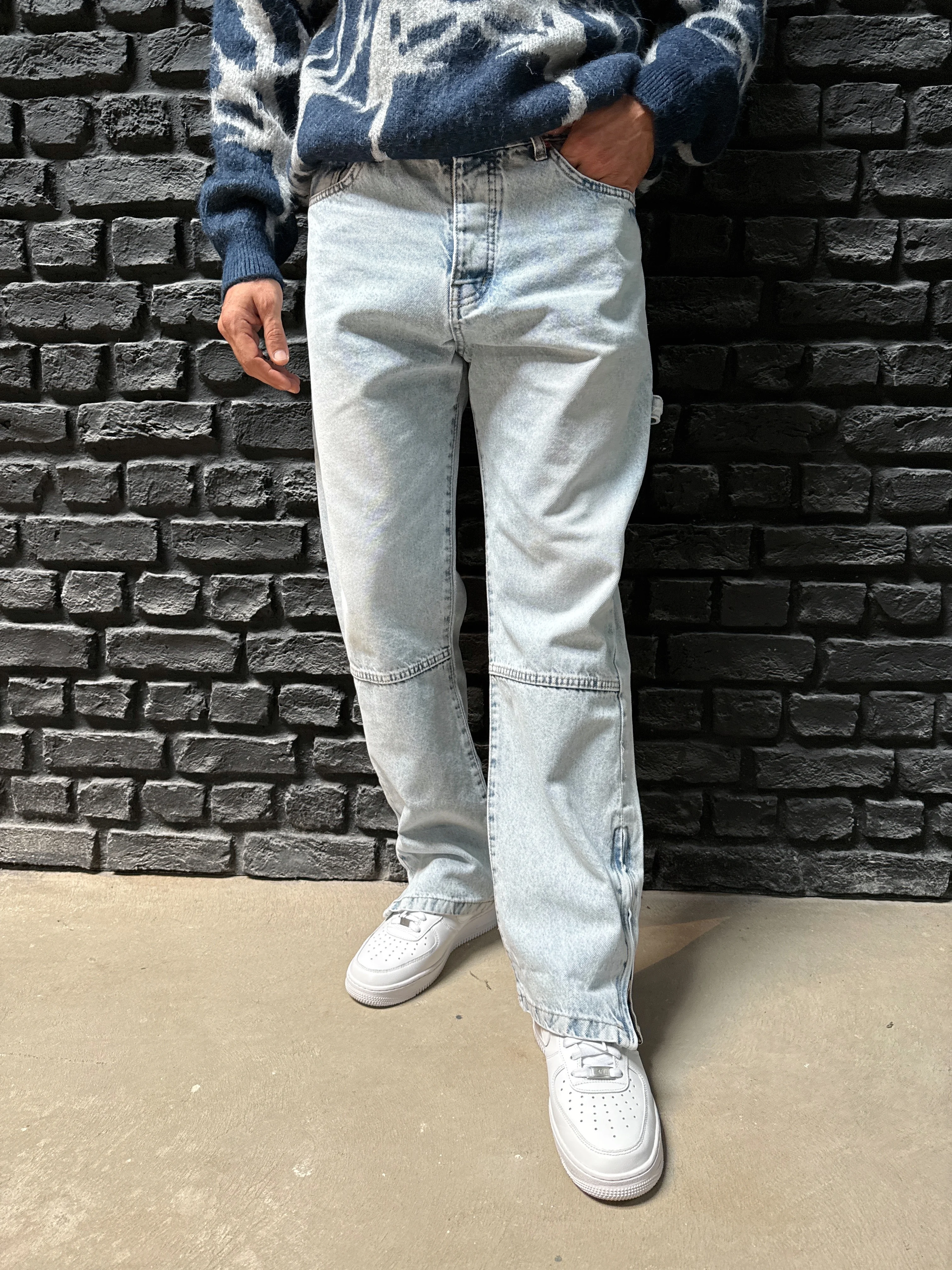 Baggy Kalıp Paçası Fermuar Detaylı Kot Pantolon- Mavi