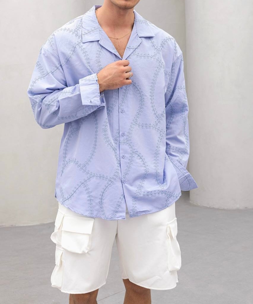 Oversize Nakış Detaylı Gömlek - Mavi