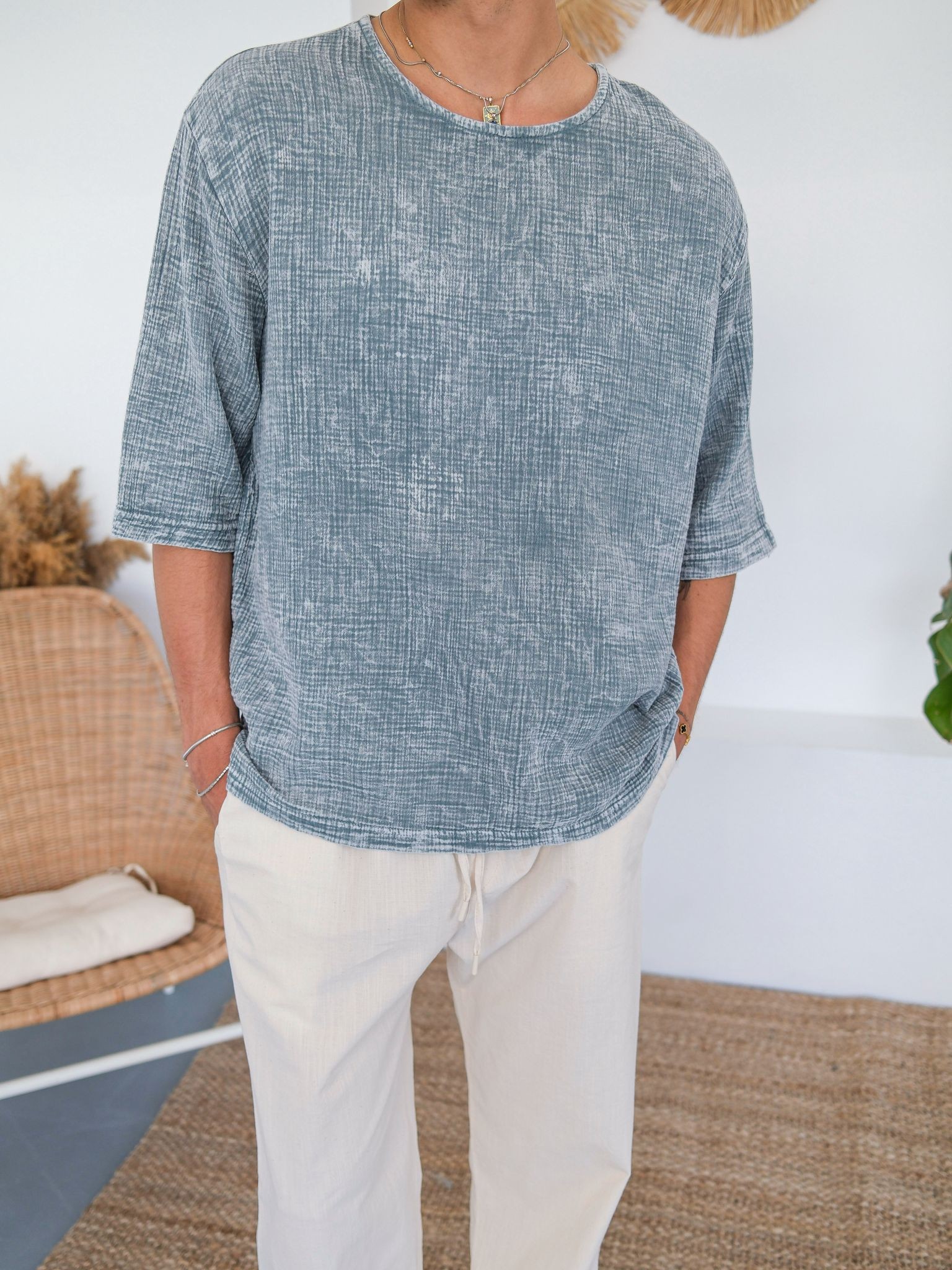 Oversize Müslin Kumaş Fakir Kol Tshirt - Açık Mavi