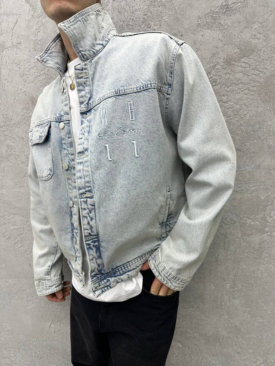 Oversize Cepli ve Yazılı Denim Ceket