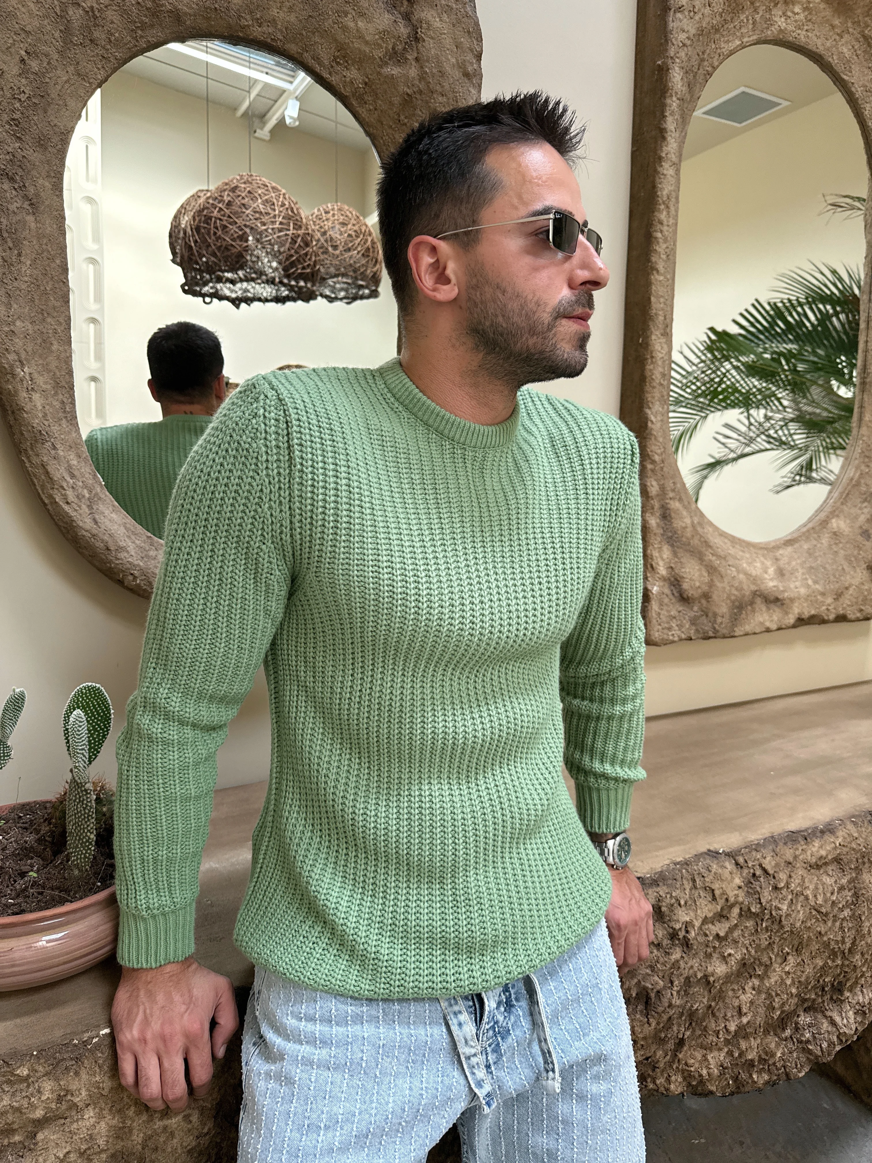 Regular Fit Örme Kazak - Yeşil