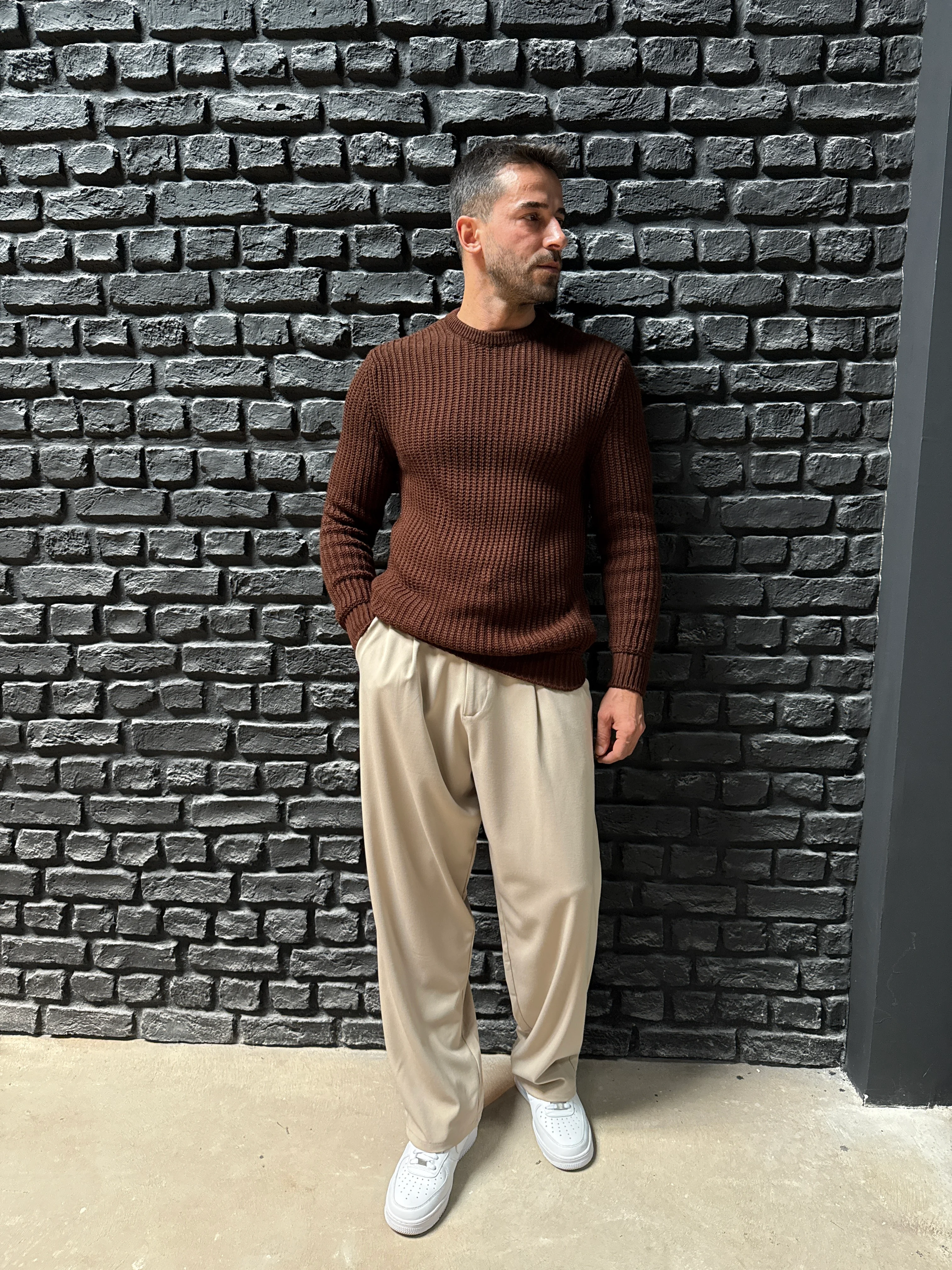 Regular Fit Örme Kazak - Kahve