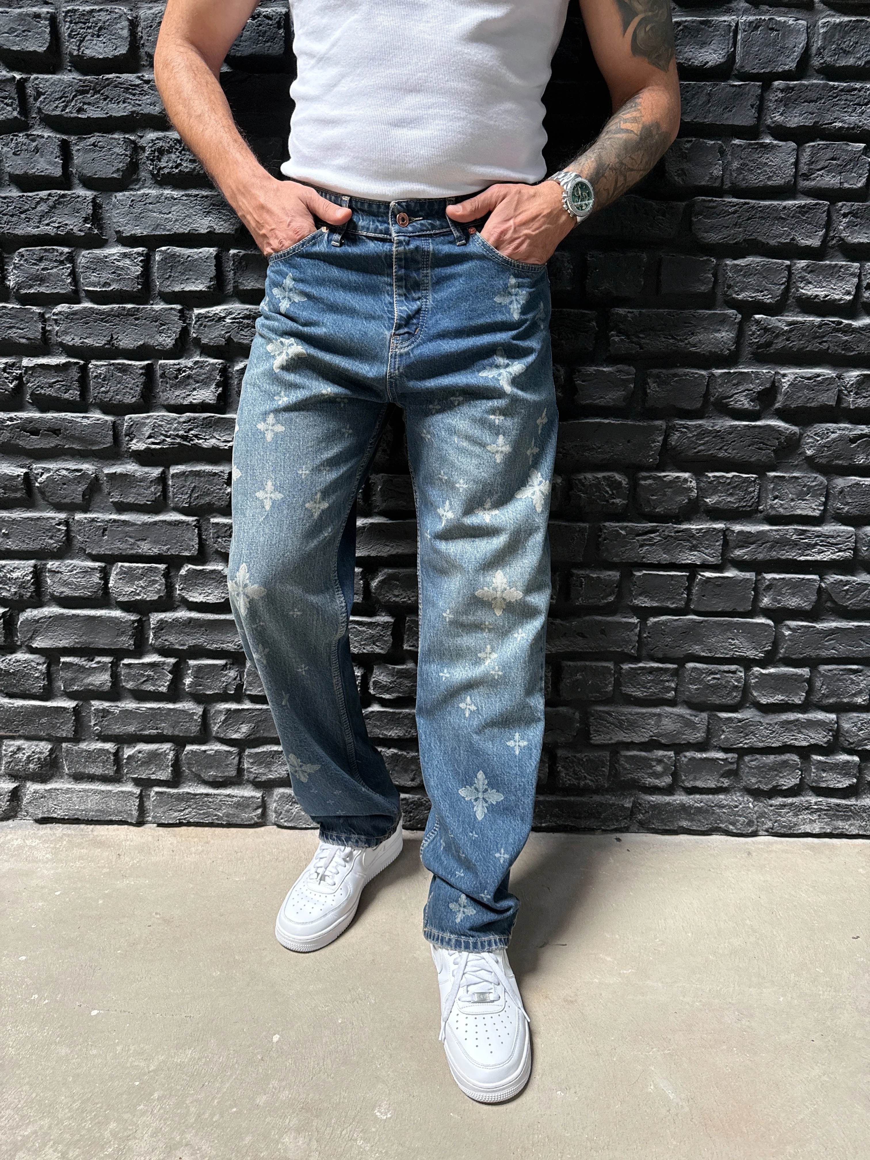 Bol Kalıp Desenli Tasarım Kot Pantolon