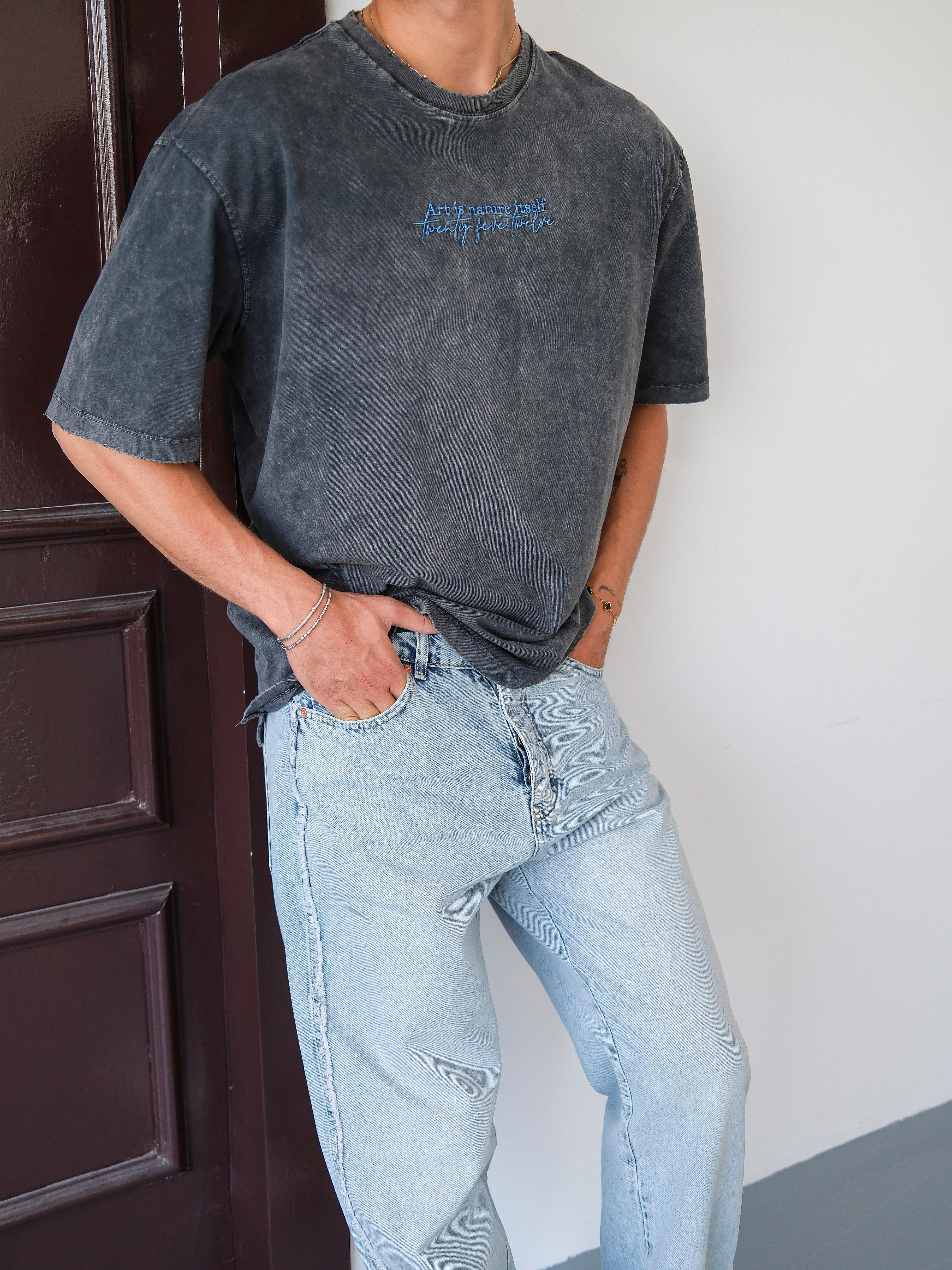 Oversize Yıkamalı Sırt Baskılı Tshirt- Antrasit