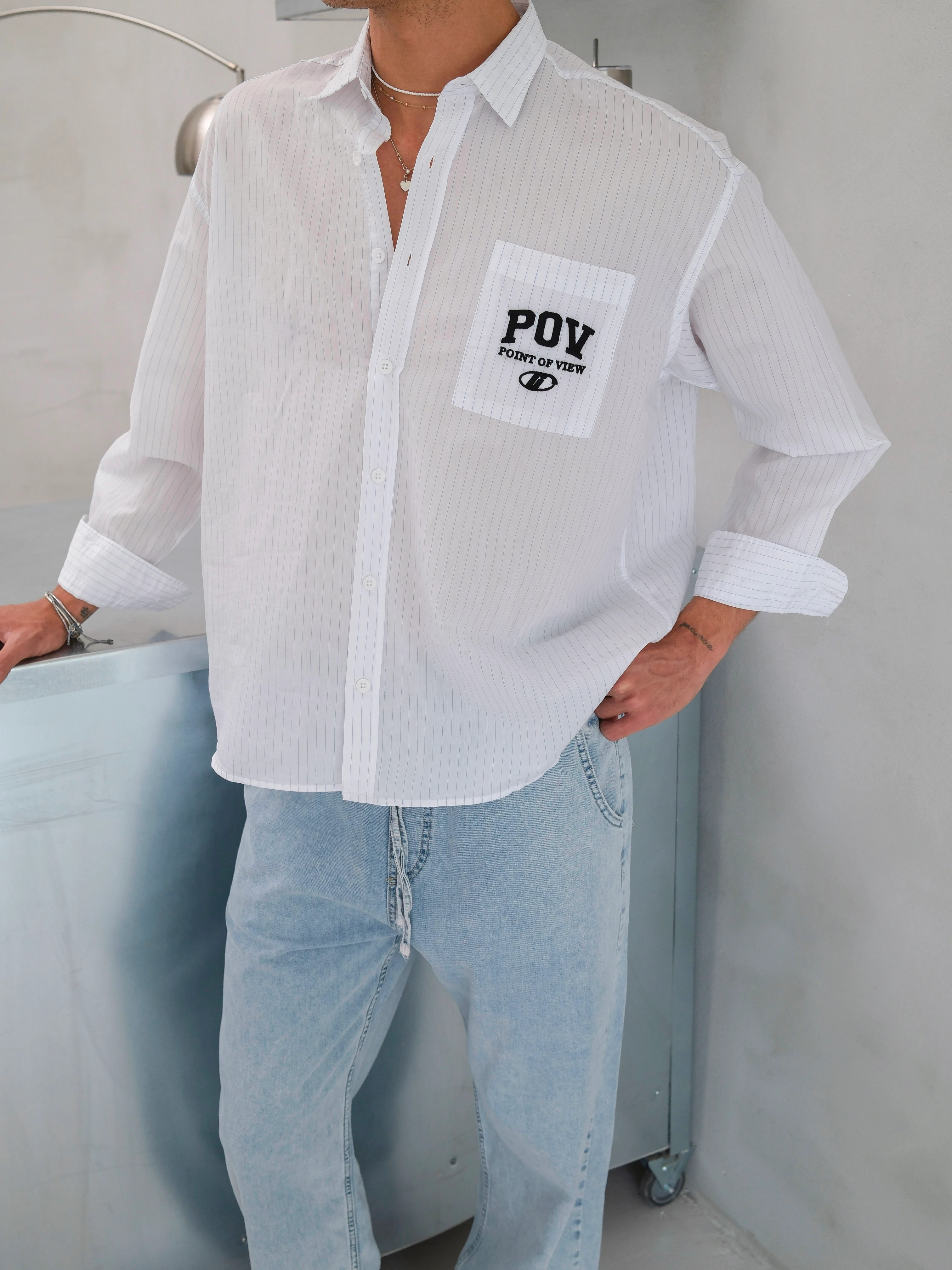 Oversize POV Yazılı Çizgili Gömlek