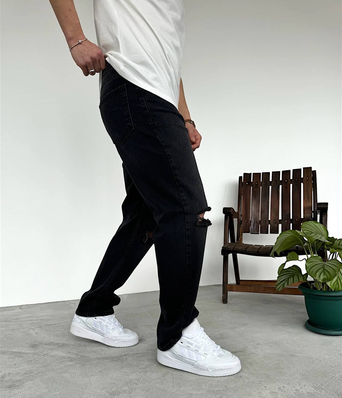 Baggy Kalıp Dizi Yırtık Pantolon - Siyah