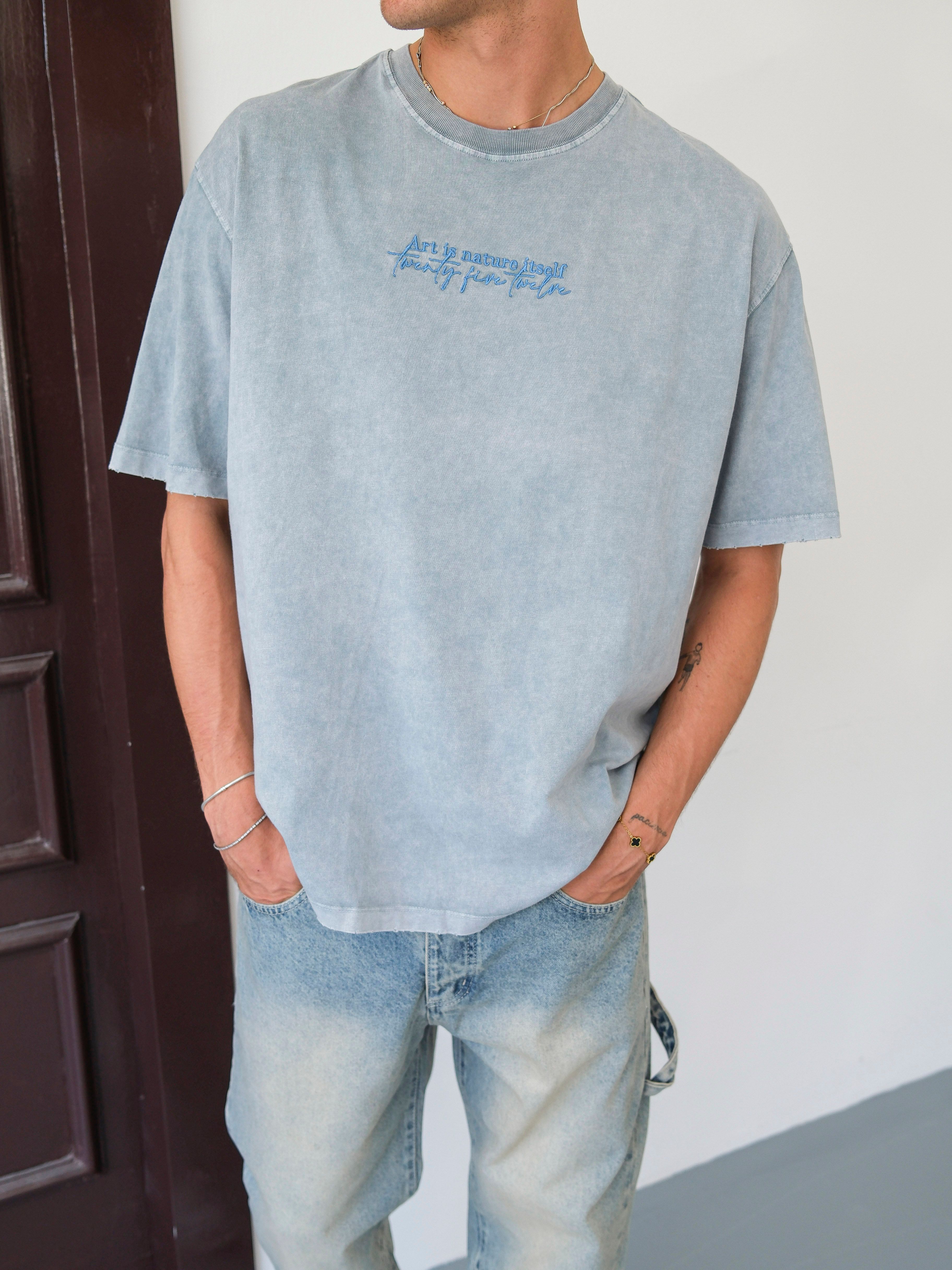 Oversize Yıkamalı Sırt Baskılı Tshirt - Gri