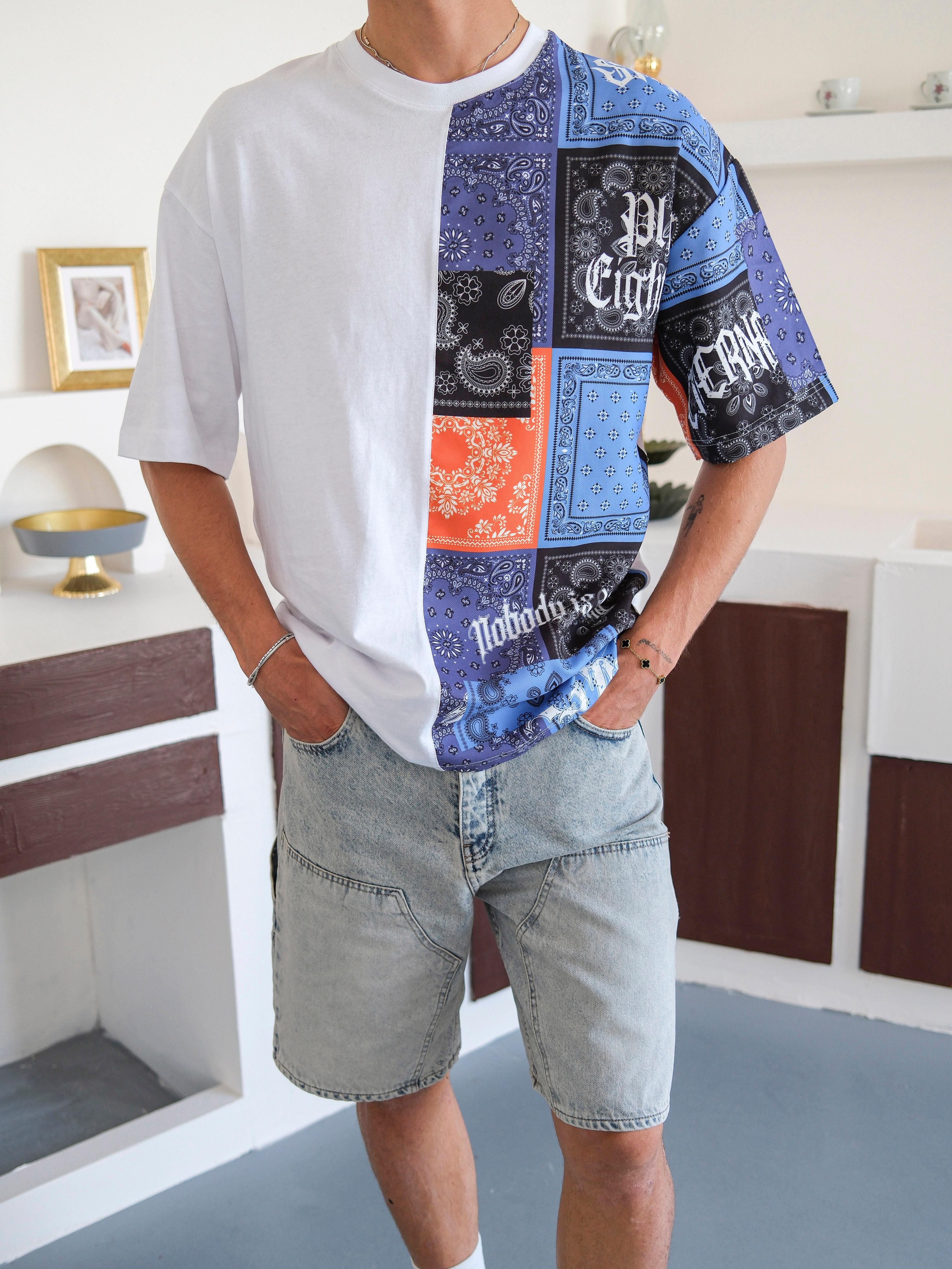 Oversize Desenli Tasarım Tshirt - Beyaz