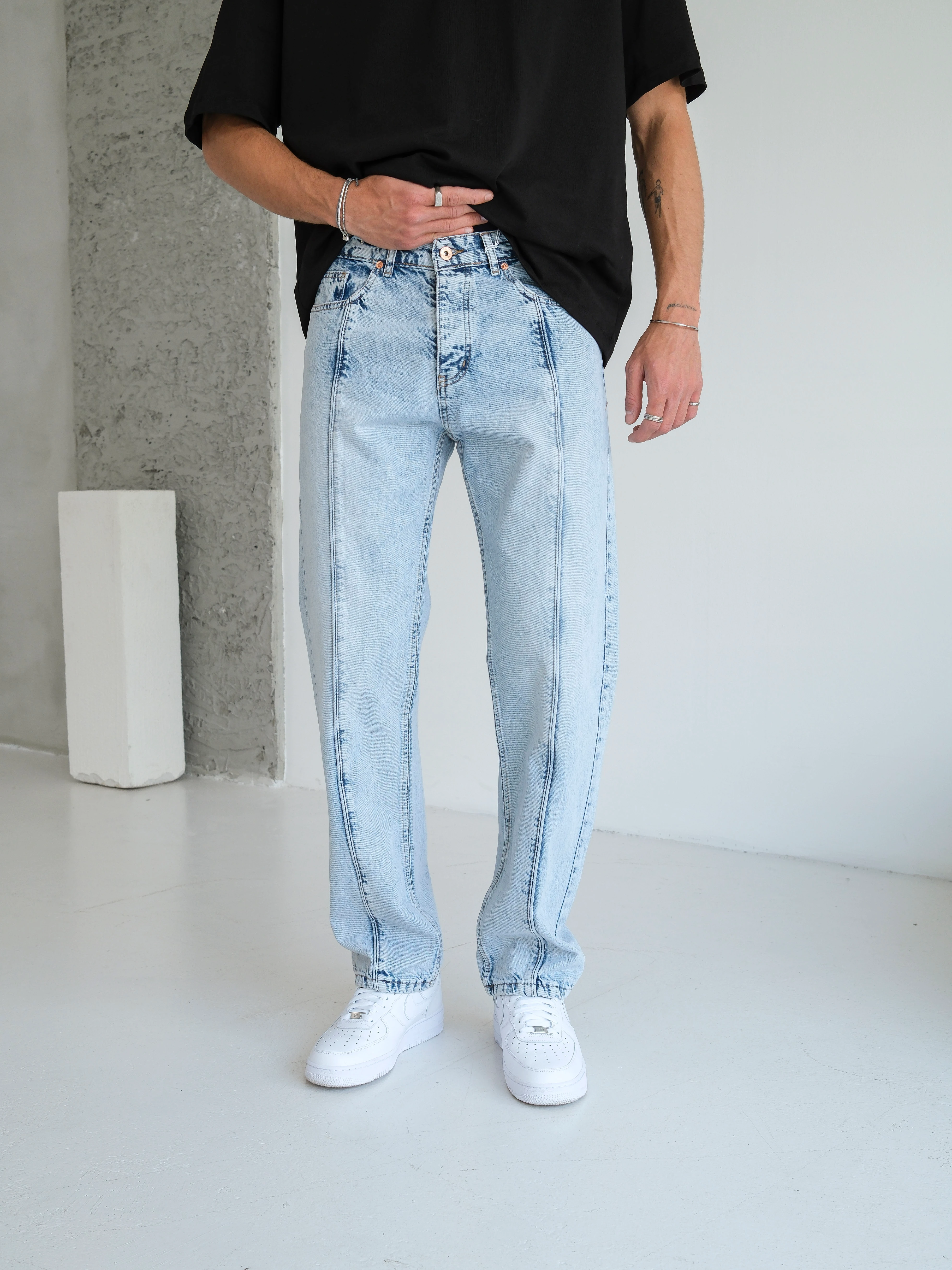 Baggy Fit Yıkamalı Dikiş Detaylı Kot Pantolon