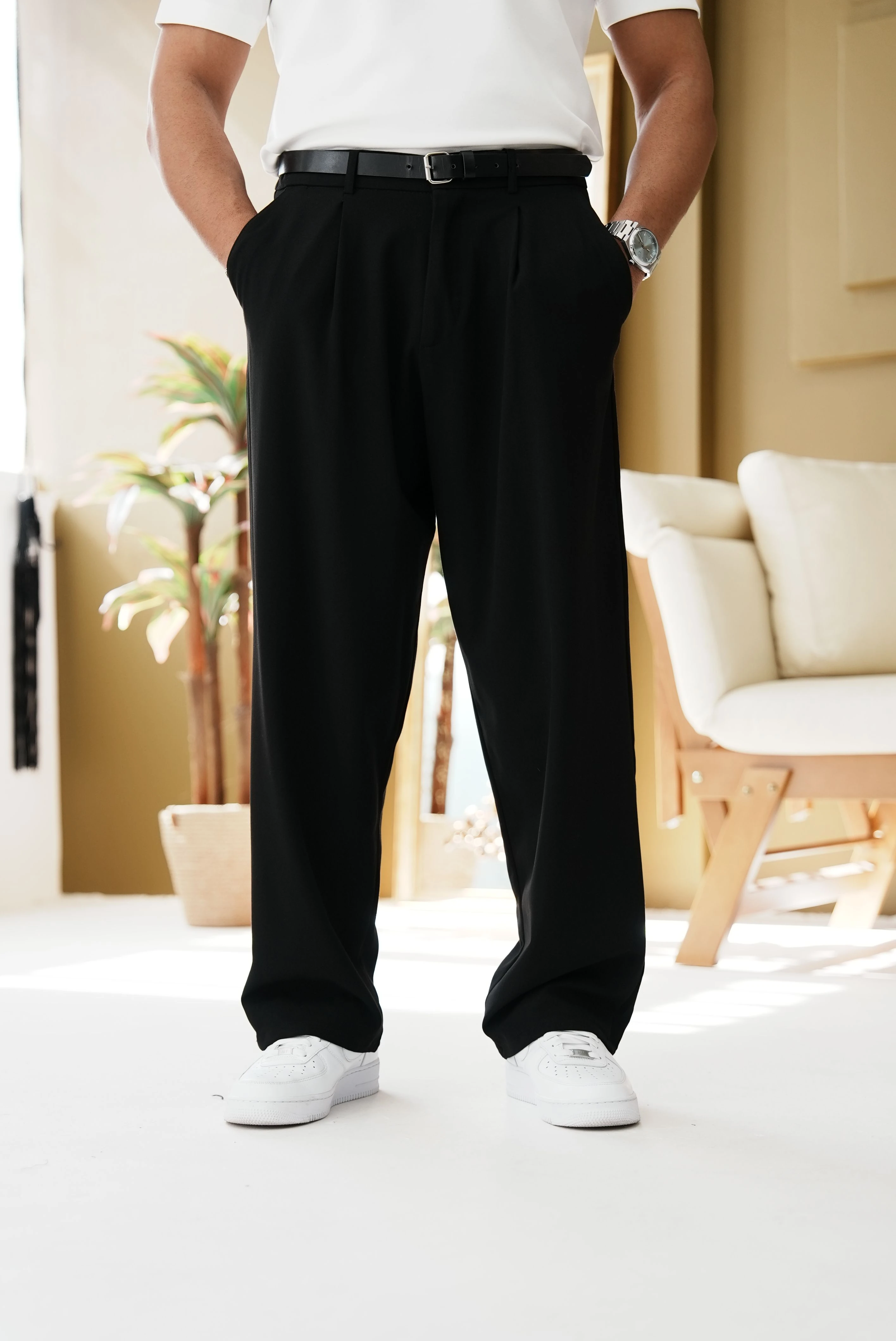 Pileli Baggy Kumaş Pantolon - Siyah