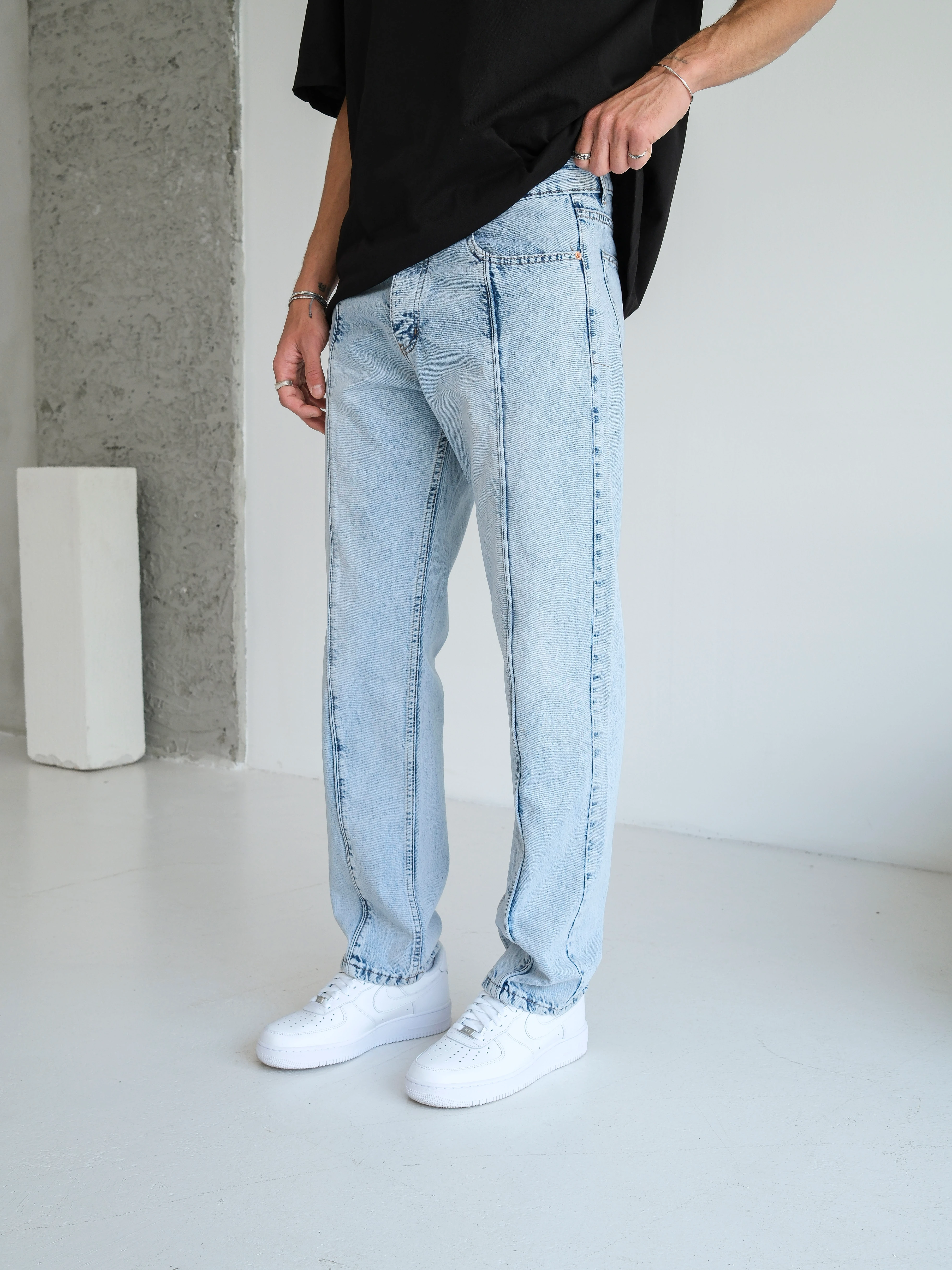 Baggy Fit Yıkamalı Dikiş Detaylı Kot Pantolon