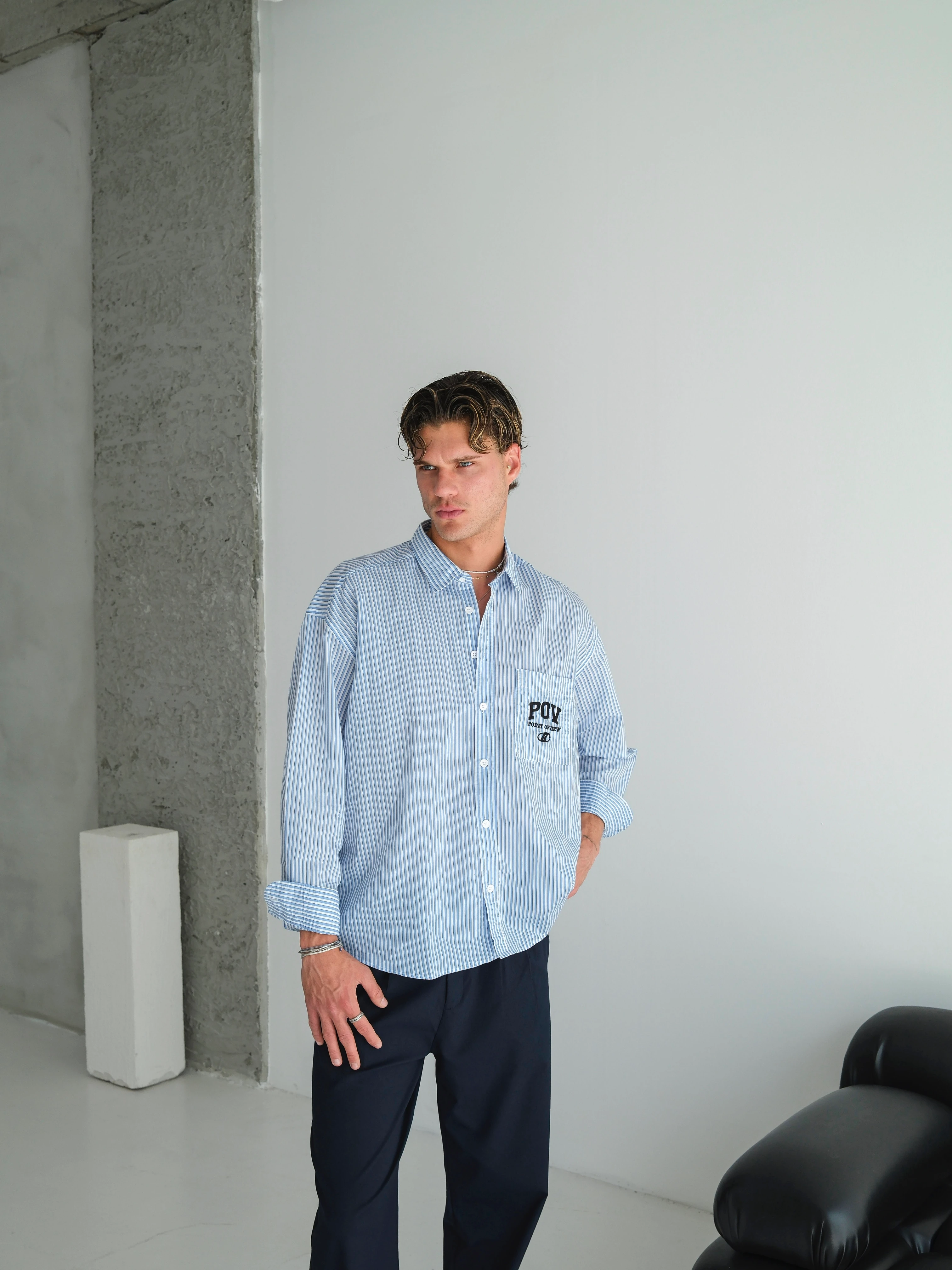 Oversize POV Yazılı Çizgili Gömlek