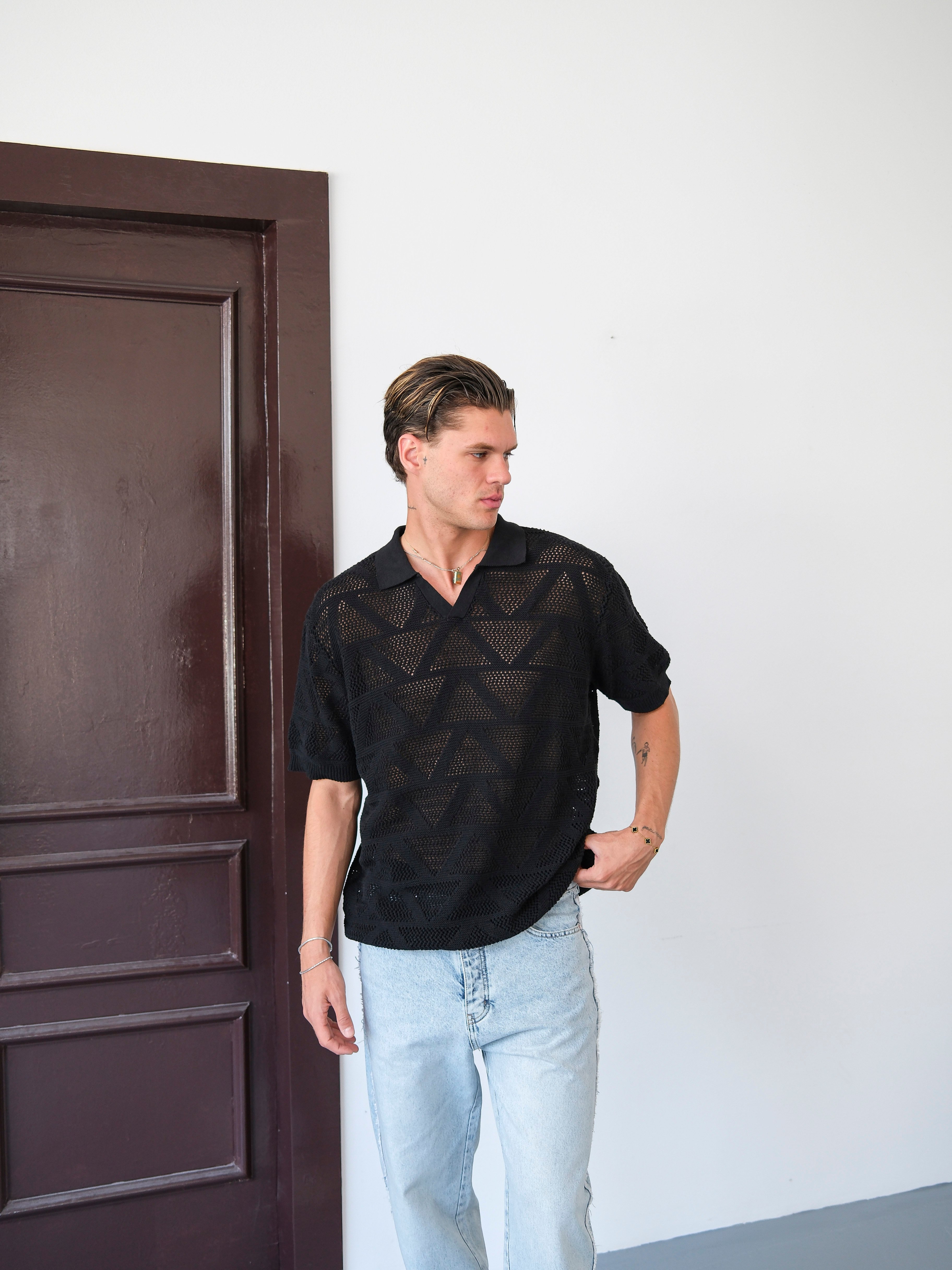 Oversize Baklava Desenli Triko Tshirt - Siyah