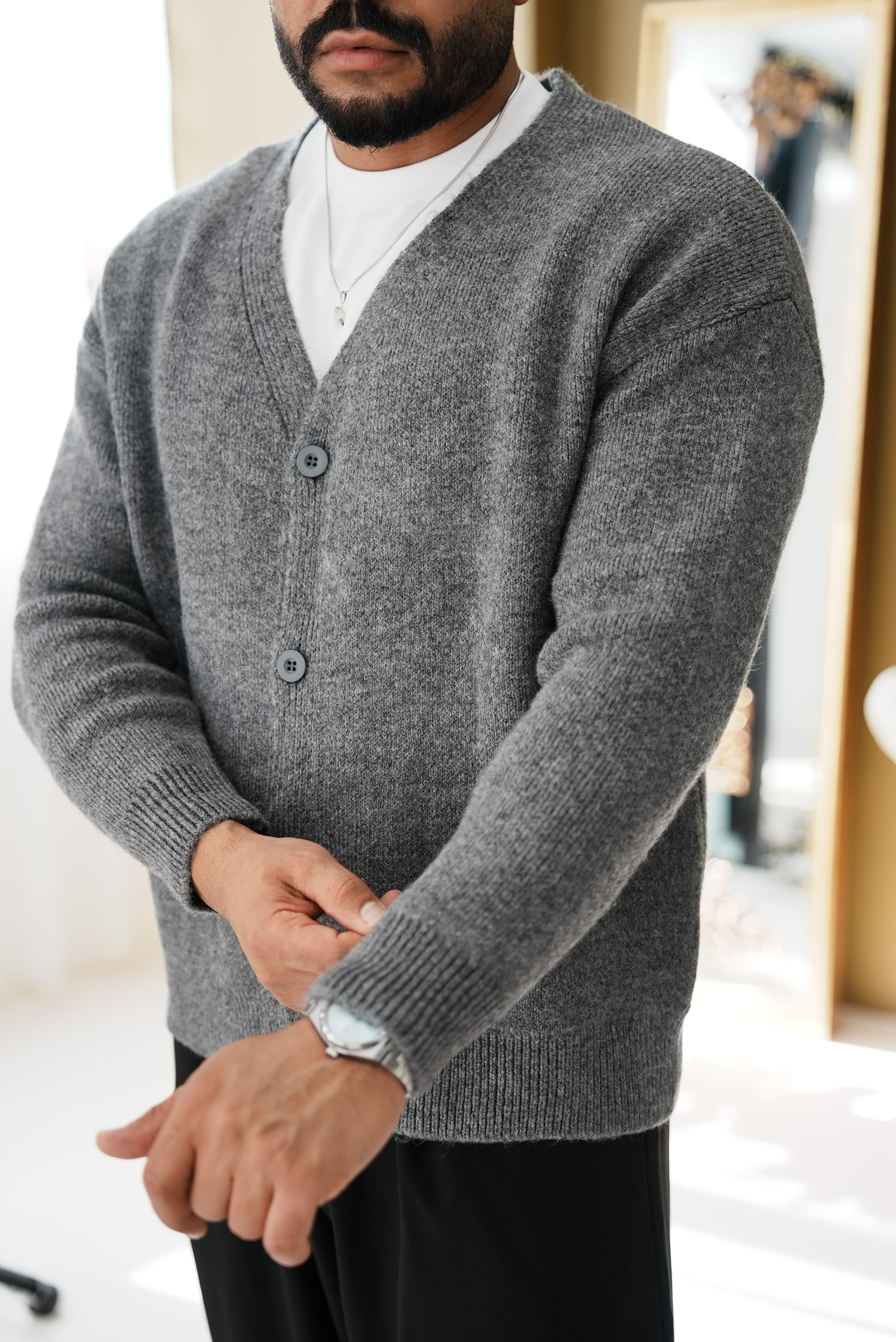 Oversize V Yaka Düğmeli Triko Hırka