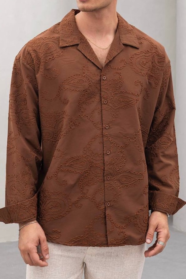 Oversize Nakış Detaylı Gömlek - Kahve
