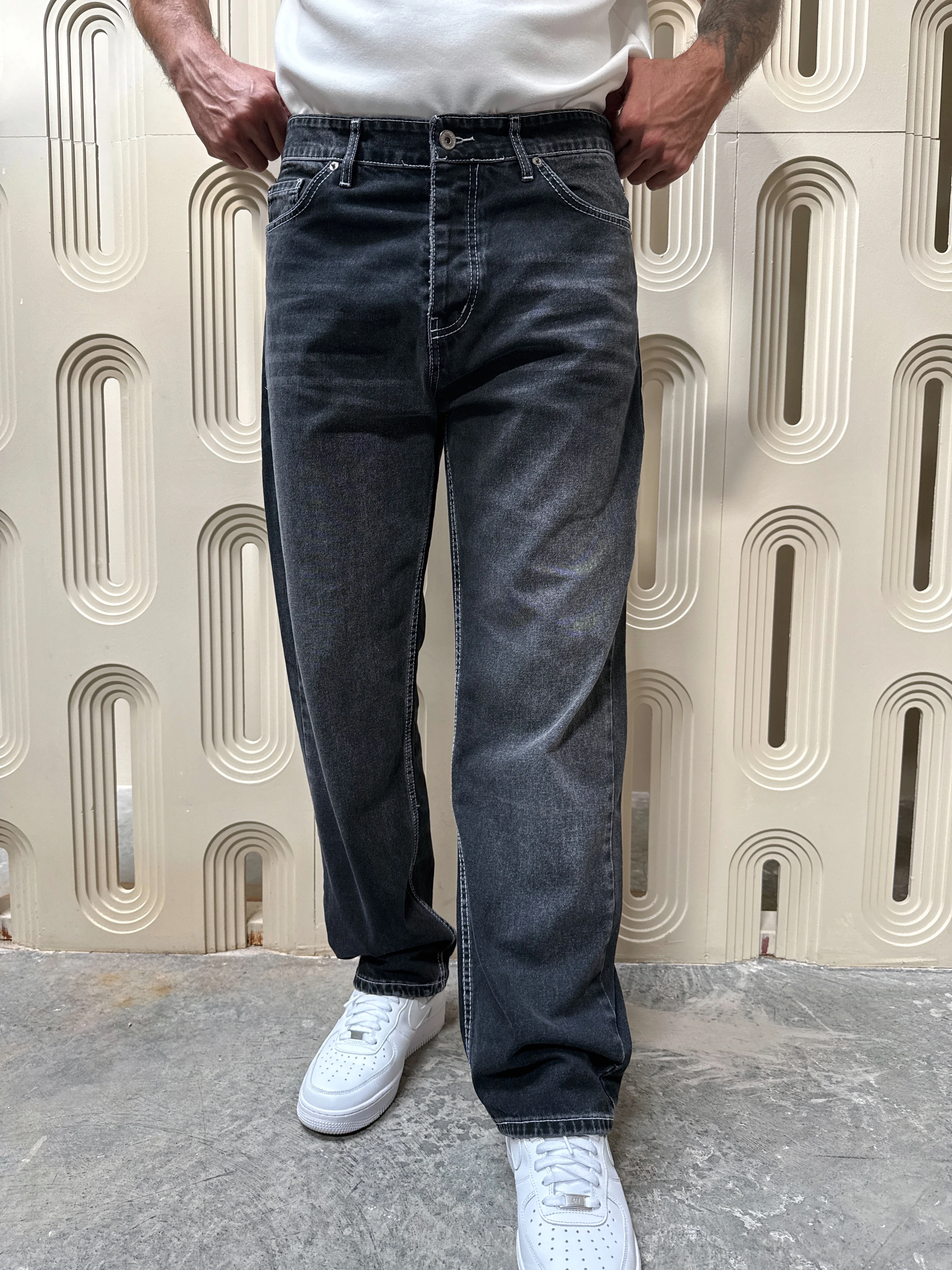 Bol Kalıp Yıkamalı Kot Pantolon - Antrasit