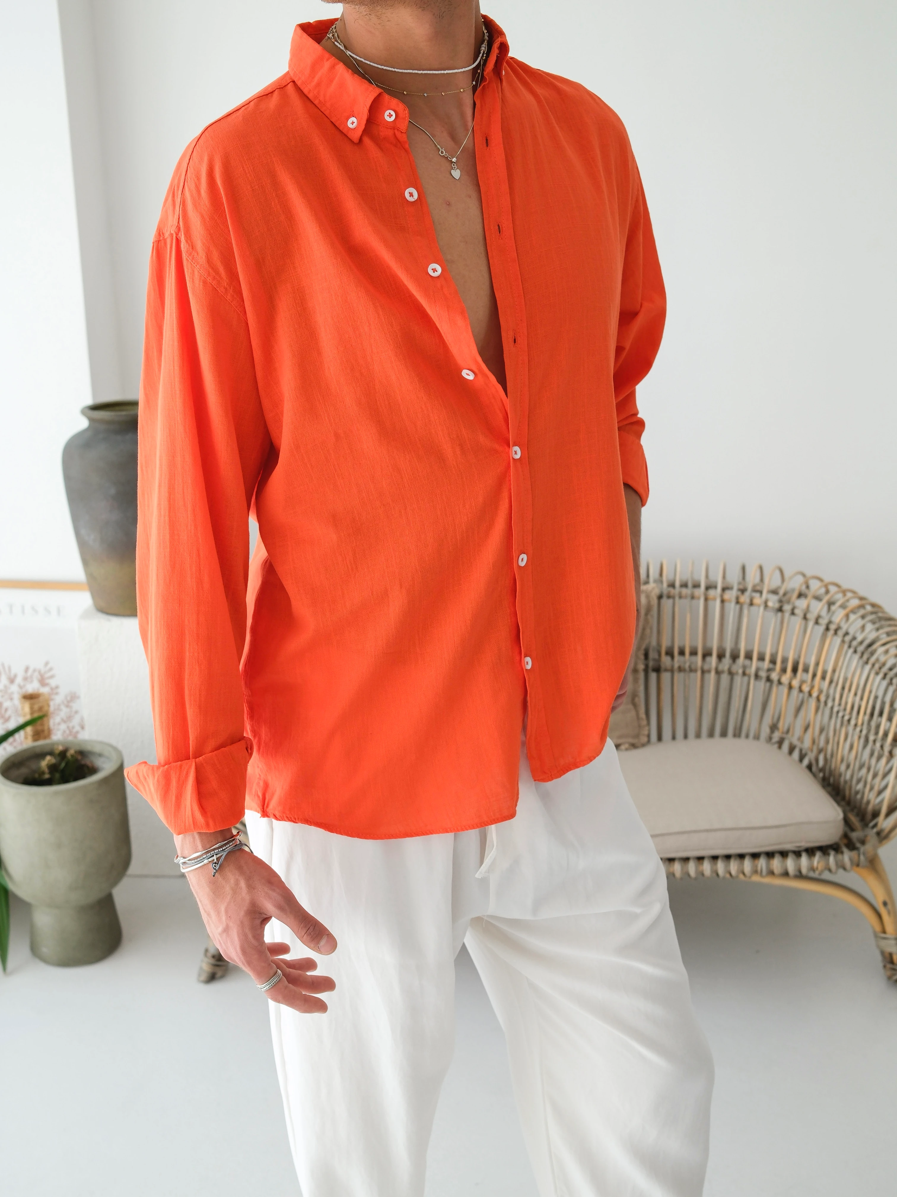 Oversize Fresh Keten Gömlek- Turuncu