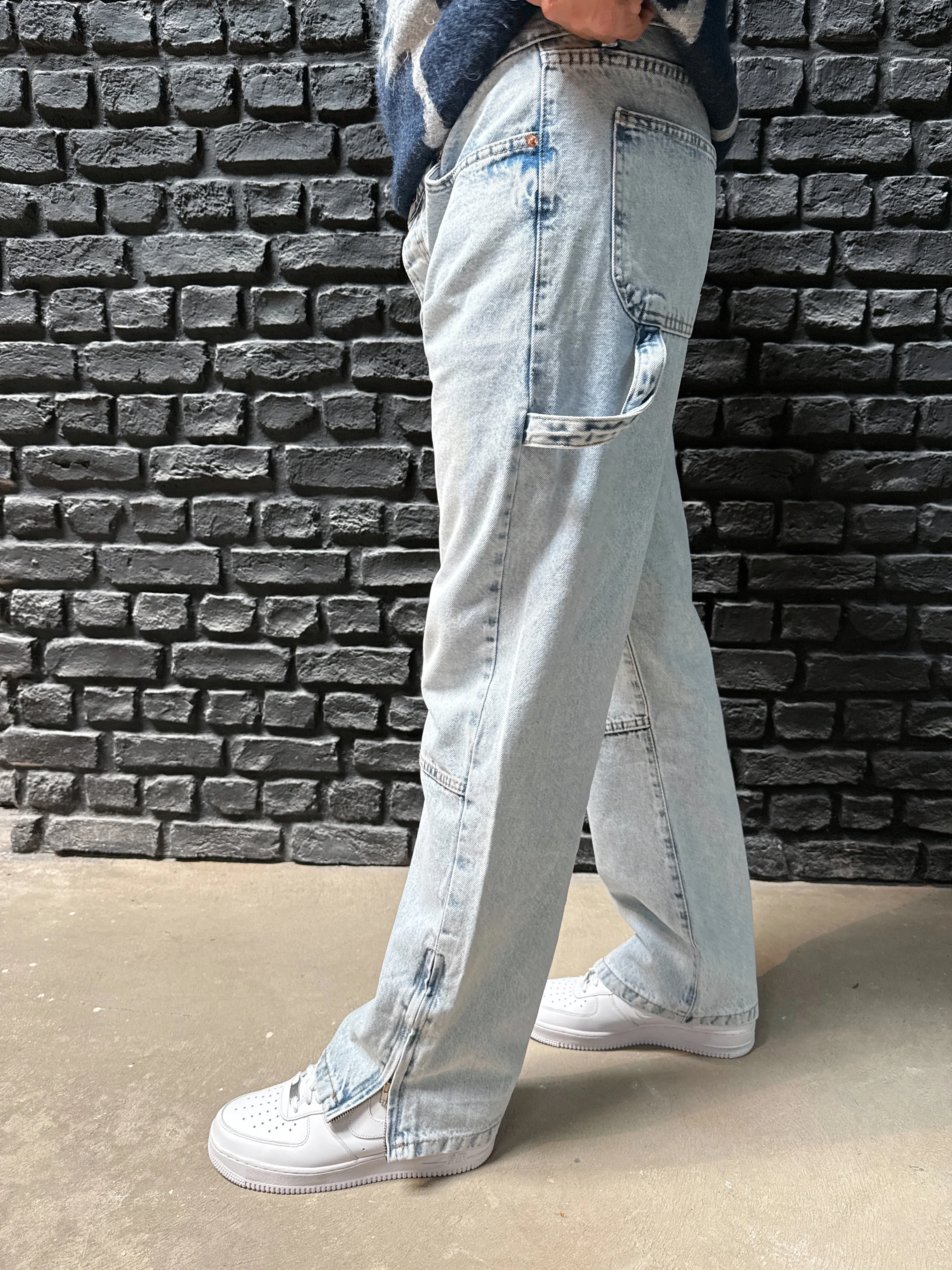 Baggy Kalıp Paçası Fermuar Detaylı Kot Pantolon- Mavi