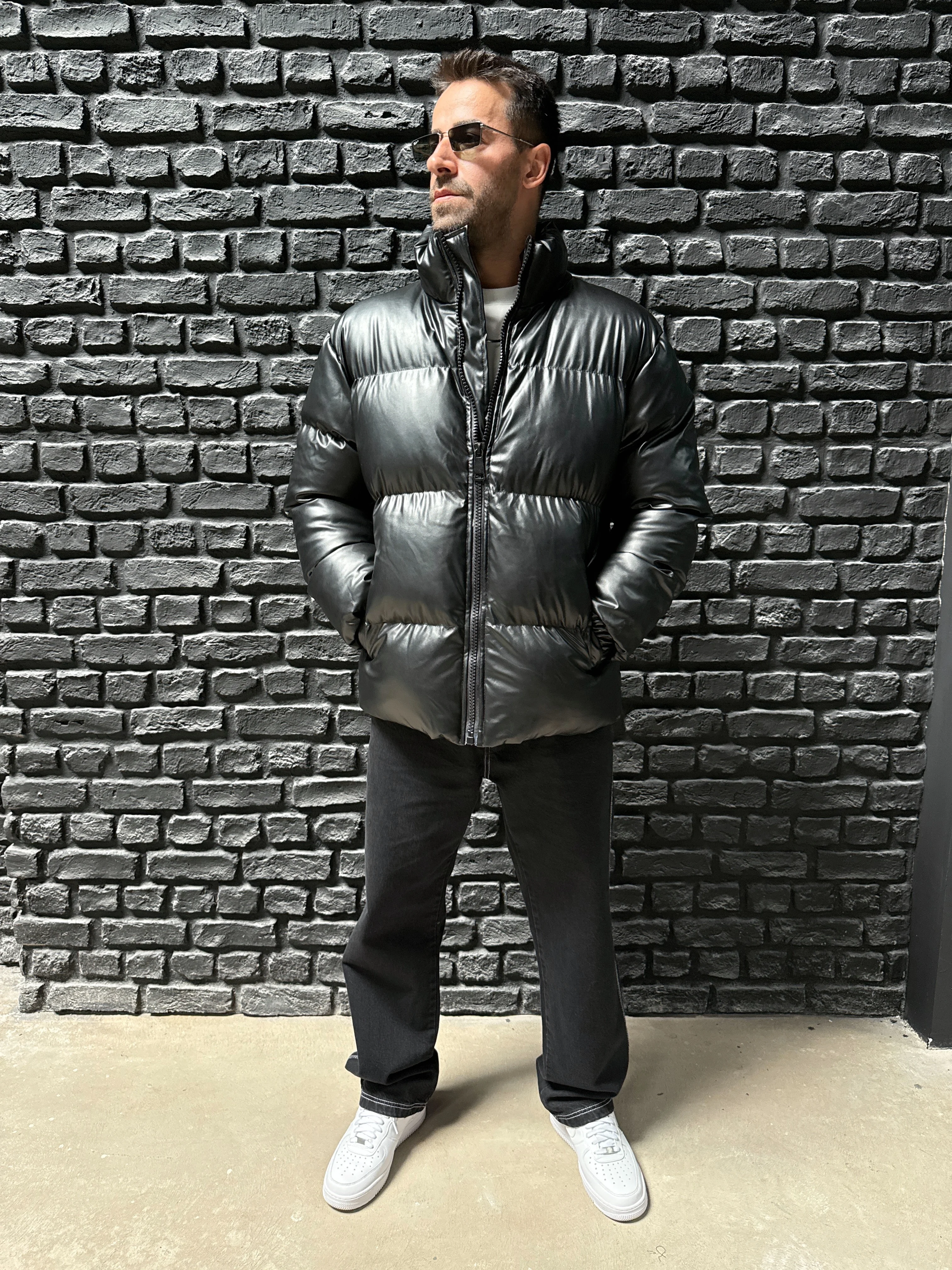 Deri Şişme Mont - Siyah