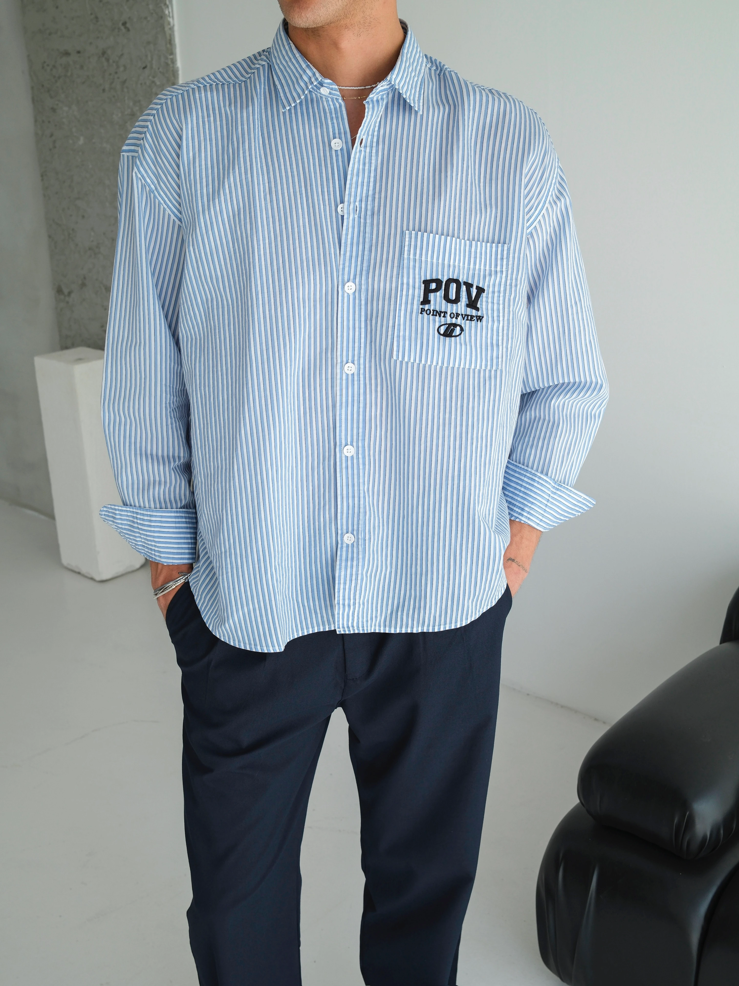 Oversize POV Yazılı Çizgili Gömlek