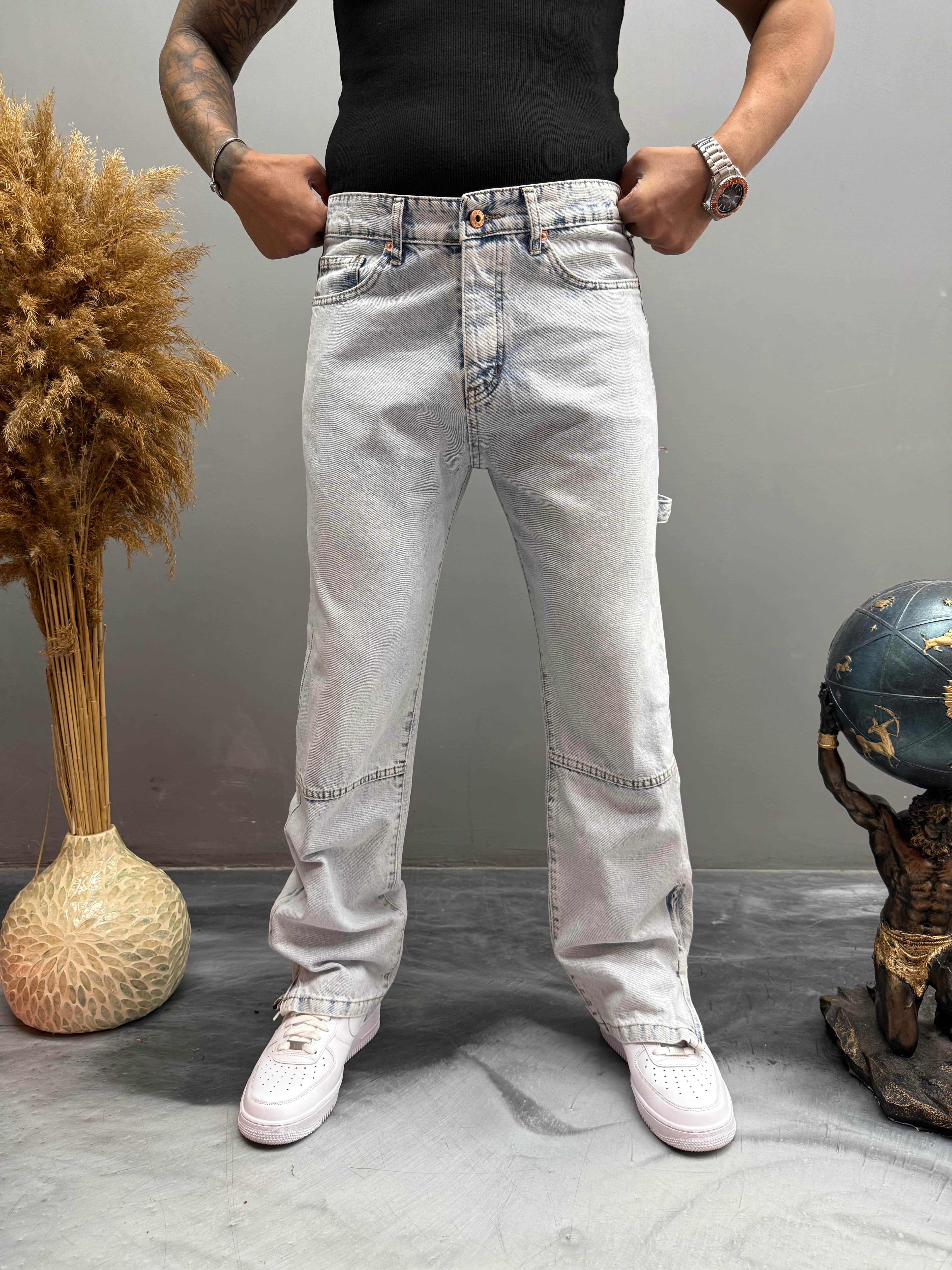 Baggy Kalıp Paçası Fermuar Detalı Kot Pantolon- Mavi
